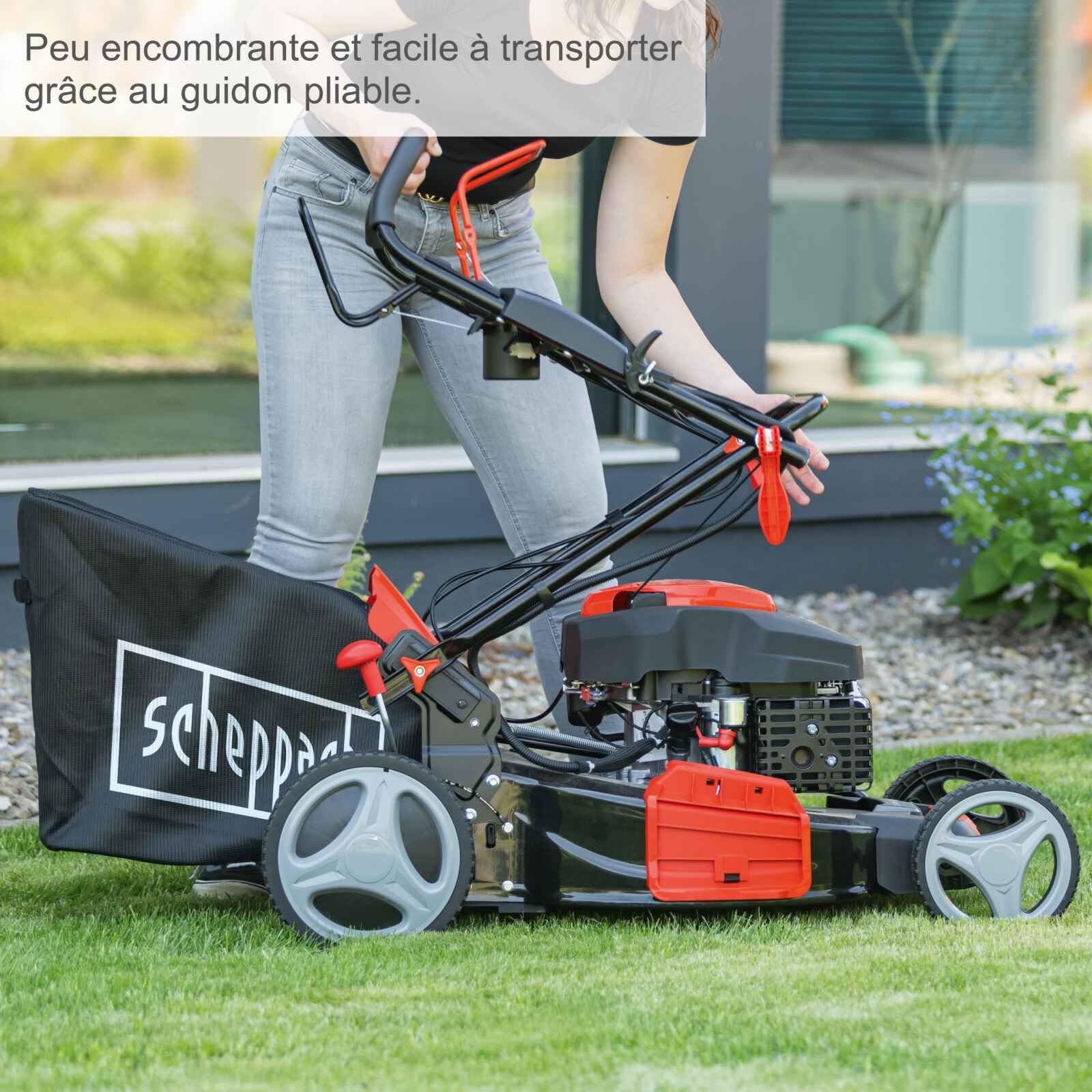 Scheppach Tondeuse à Gazon Thermique MS150-46E - Autotractée - 150 cm³ | Démarrage électrique - Moteur 4T - Largeur de Coupe 46cm - bac 55L - Fonction Mulching - Huile Incluse