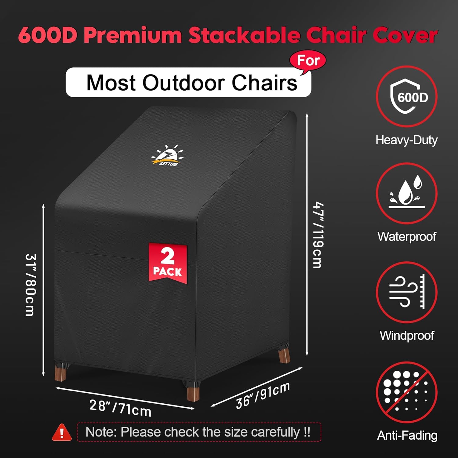 Zettum Stackable Patio Chair Cover 2 Pack - 600D Outdoor Chair Cover Waterproof & Heavy Duty, Lawn Furniture Stacking Seat Cover for 4 - 6 Outdoor Stackable Dining Chairs - 28 x 36 x 47 Inch - Image 2
