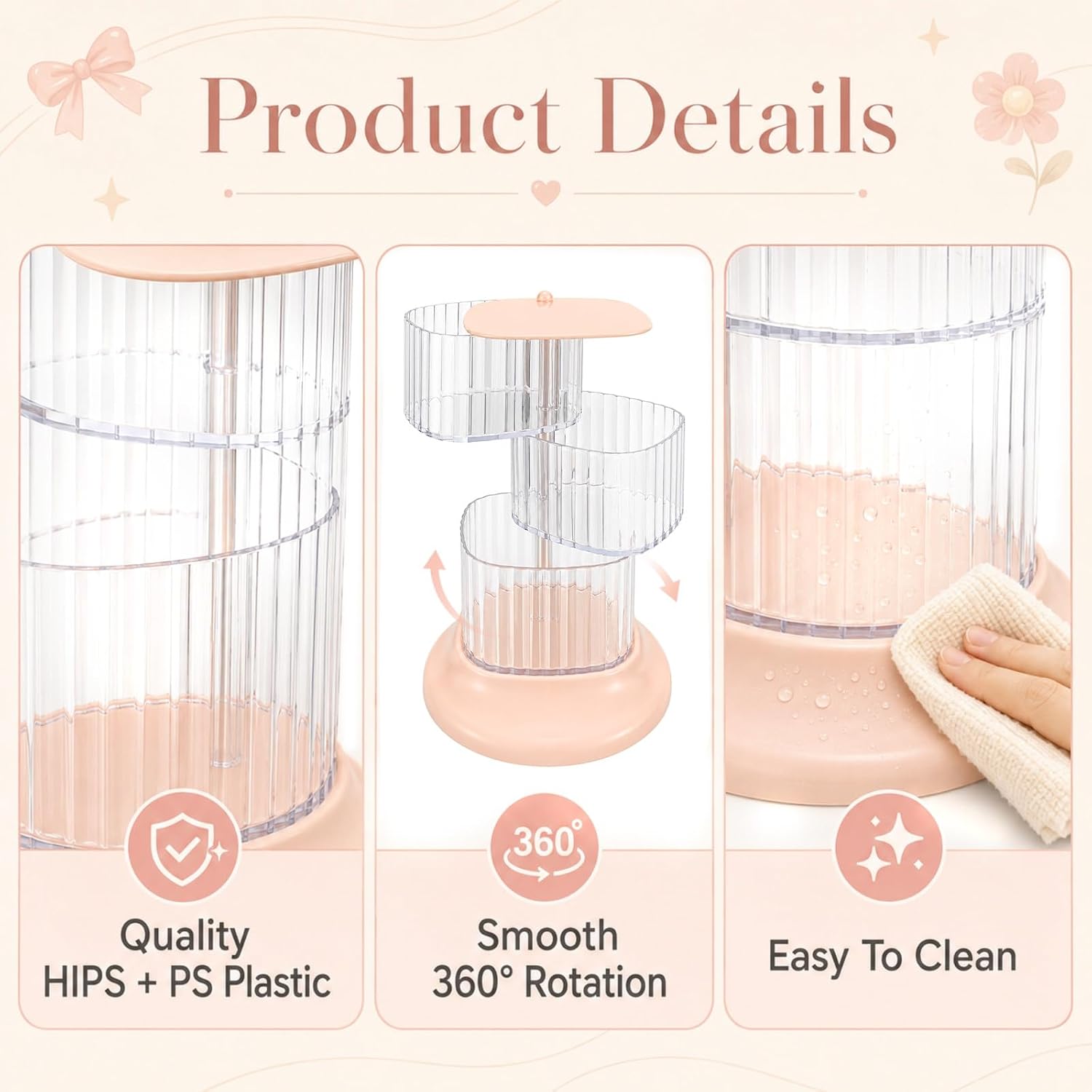 Hair Accessory Organizer, 3-Tier 360° Rotating Hair Ties Organizer, Clear Plastic Jewelry Container, Vanity Tabletop Storage Case for Earrings, Makeup Sponge