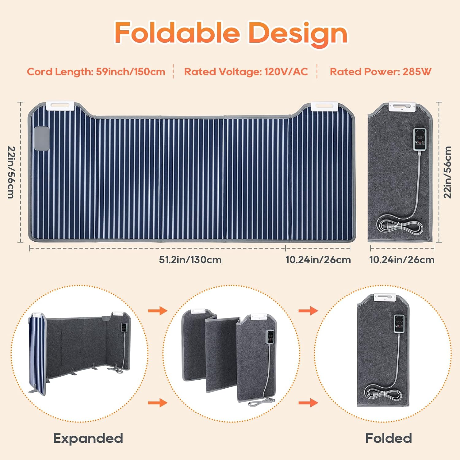 Foldable design of the under desk heater showing expanded and folded states