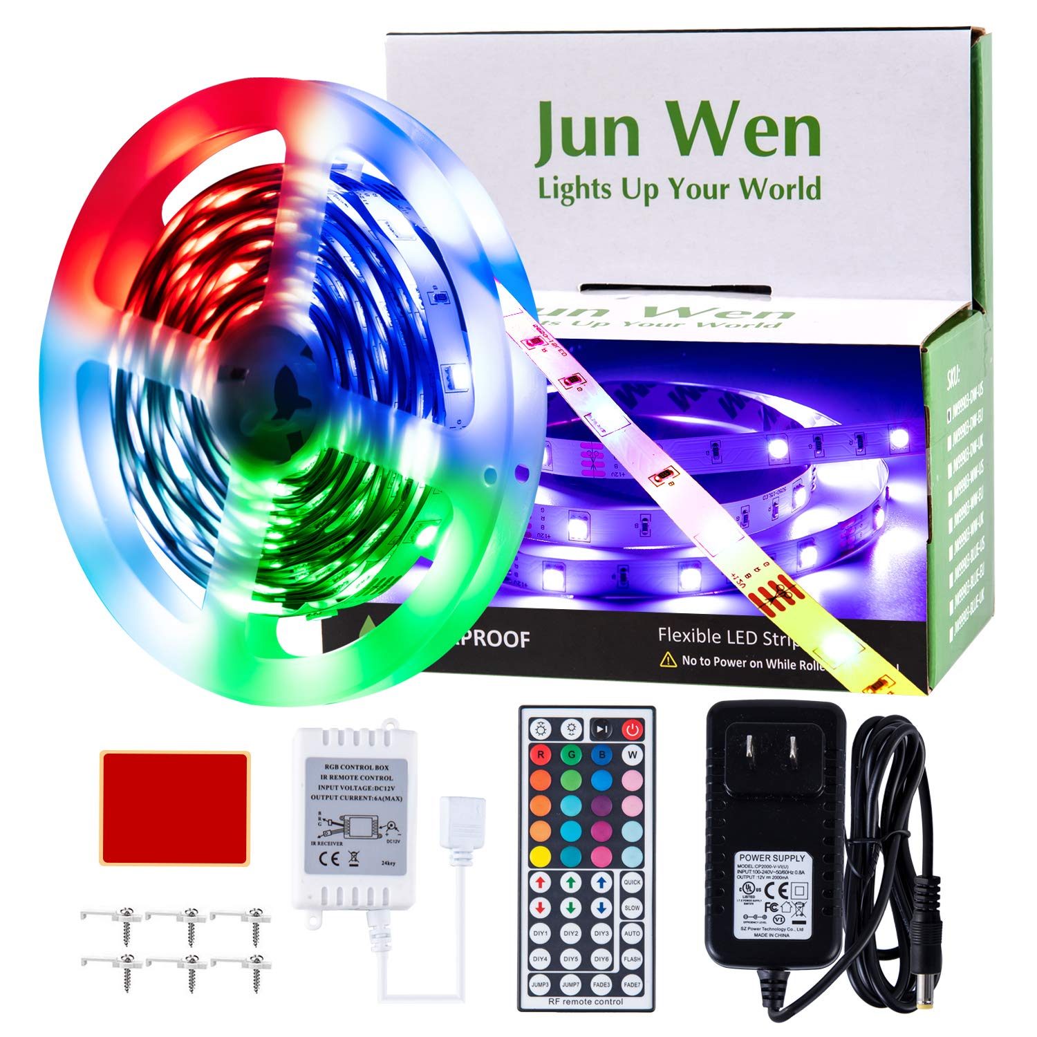 RGB LED Strip Lights, JUNWEN Flexible 16.4ft/5M Multi Color Changing Rope Lights, Colored Light Strip 150 Units SMD 5050 LEDs LED Ribbon Tape Lights, 44 Key RF Remote Controller Not Waterproof