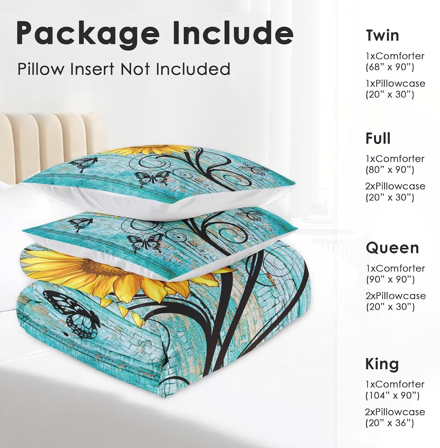 Pamnest King Comforter Set, 3 Pieces Rustic Sunflower Bedding, All Season