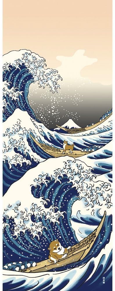 Shiba Inu in Great Wave Kanagawa Chusen Tenugui Towel