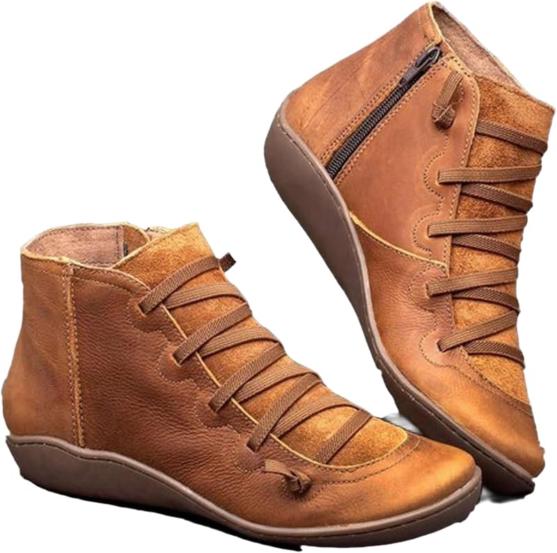 Ankle Boots for Women Lace Up Flat Heel Ankle Booties Comfortable Slip On Side Zipper Retro Booties Fall Winter Short Boots