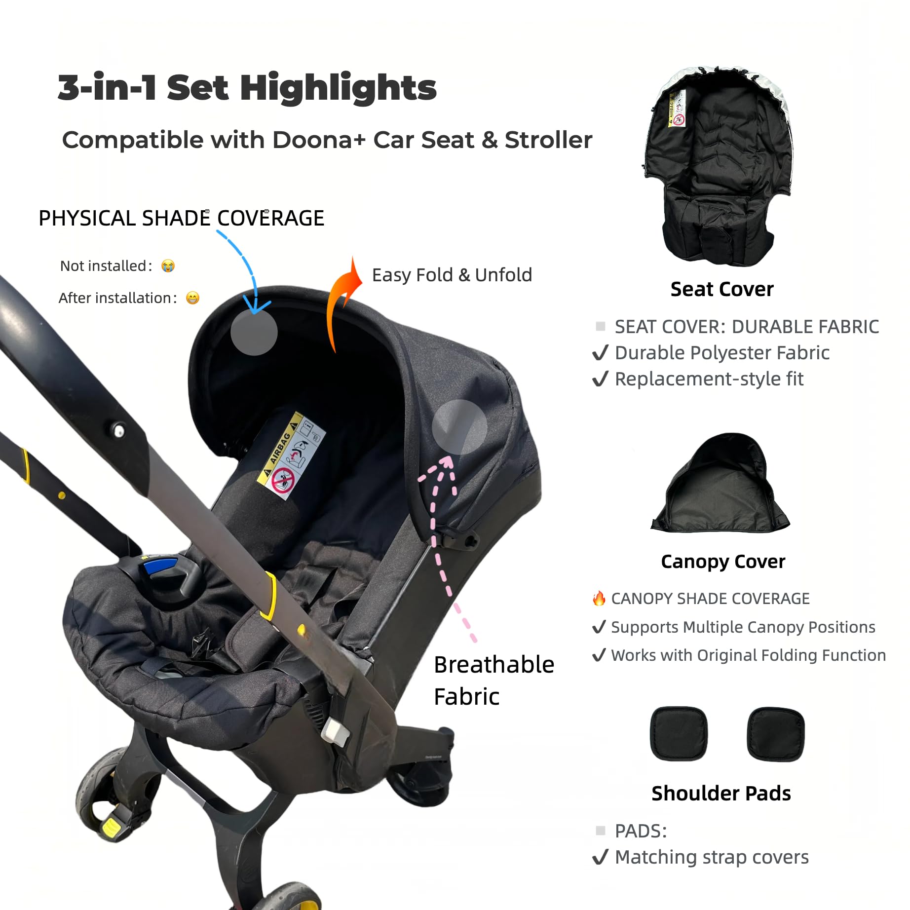 Passend für Doona Autositz-Kinderwagen 4-in-1-Ersatzzubehör-Set Baldachin Sonnenschutz Sitzkissen Schulterpolster Einsatz Schwarz