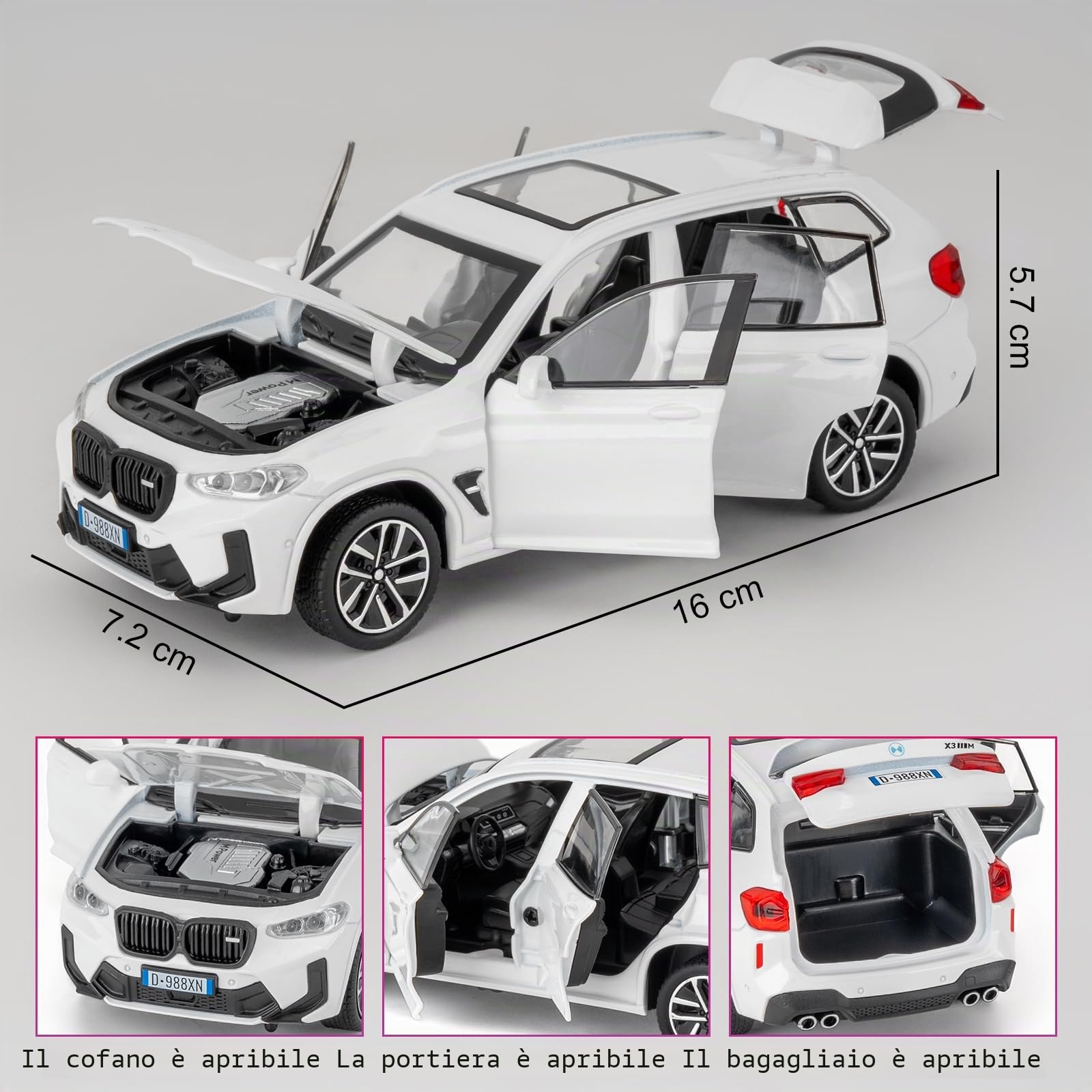 Auto giocattolo compatibile con 1:32 X3M modellino auto, Pull Back Diecast Collectible Car con suoni e luci per bambini, ragazzi, ragazze e adulti, regalo bianco