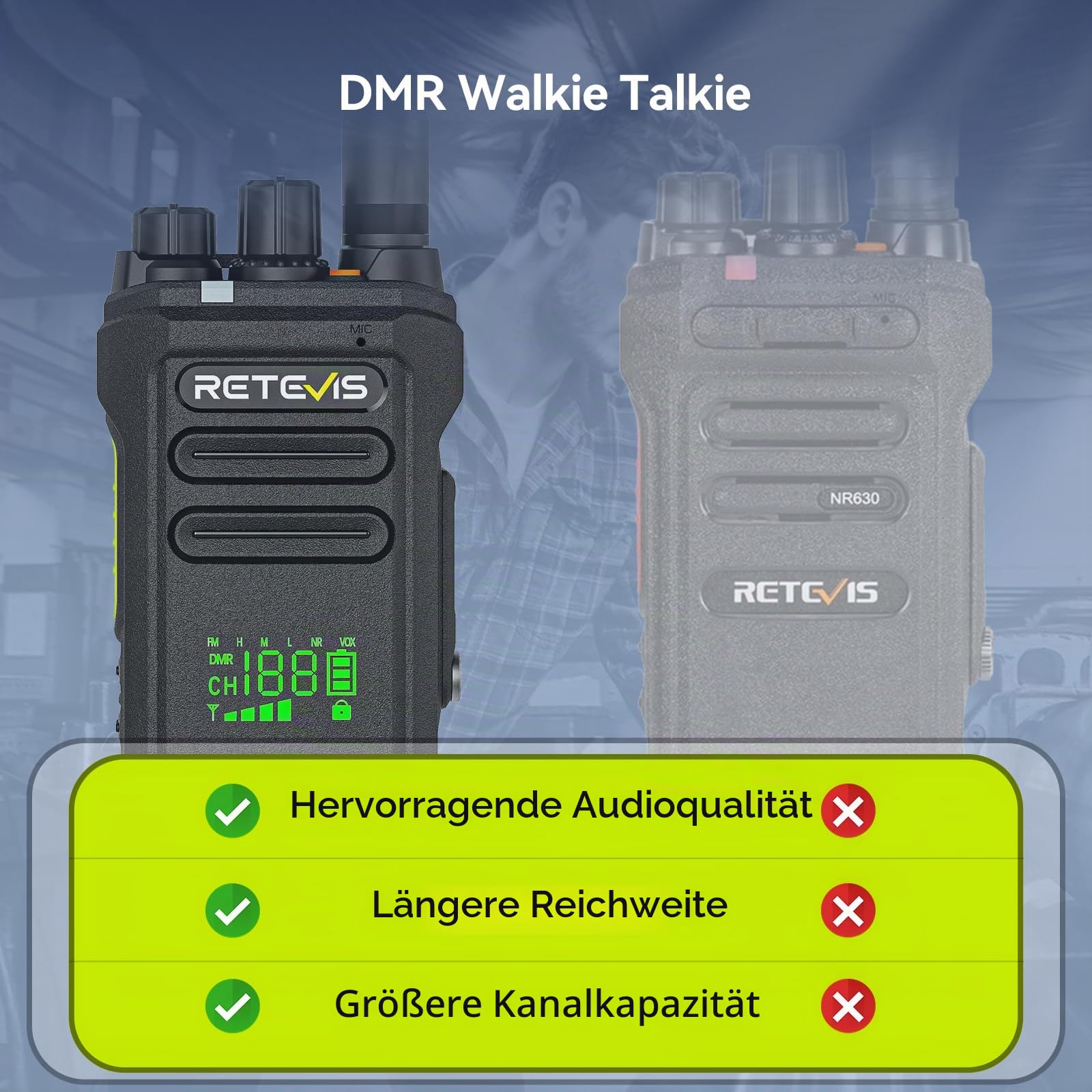 Retevis NR30D DMR Hand Funkgerät, wasserdicht nach IP67, 2800 mAh, Digitale Walkie Talkies mit Geräuschunterdrückung, Kompatibel mit AES256 für die Rettung im Freien (1 Stück)