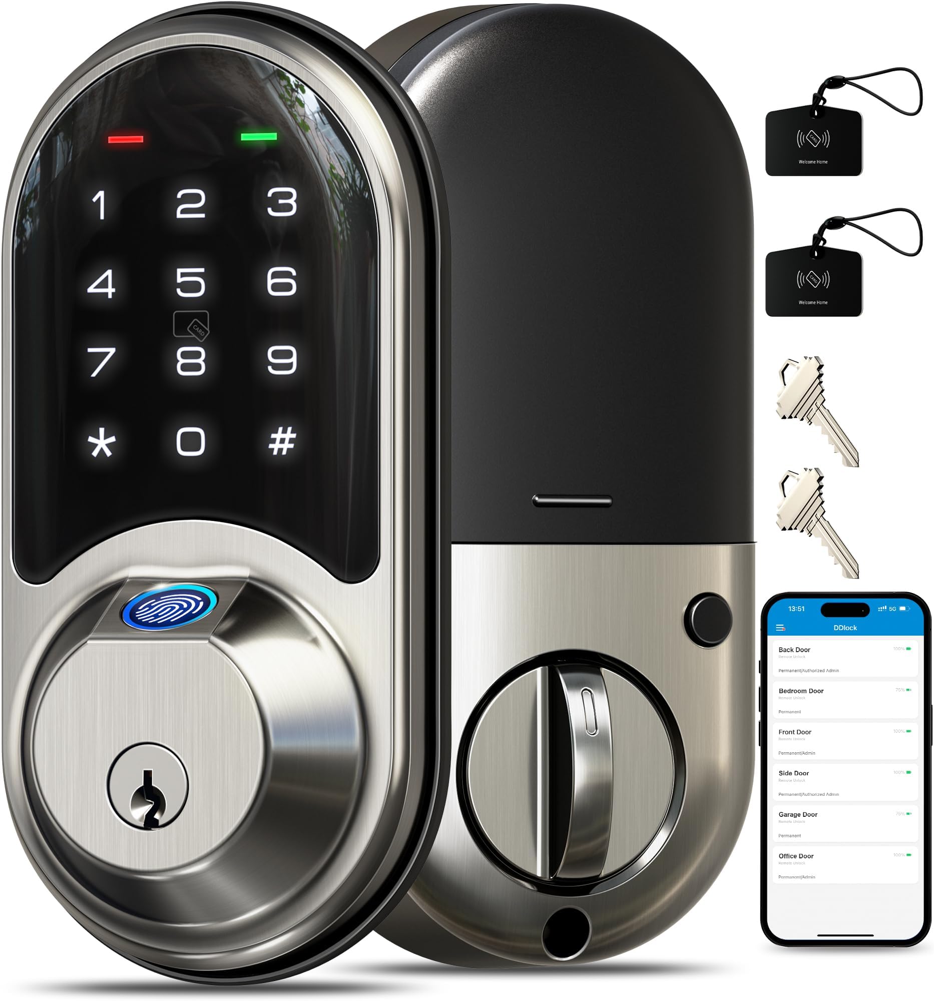 Veise RZ07 Fingerprint Smart Lock, 7-in-1 Smart Locks for Front Door, Keyless Entry Door Lock with App Control & Auto-Lock, Biometric Electronic Touchscreen Keypad Deadbolt, Satin Nickel