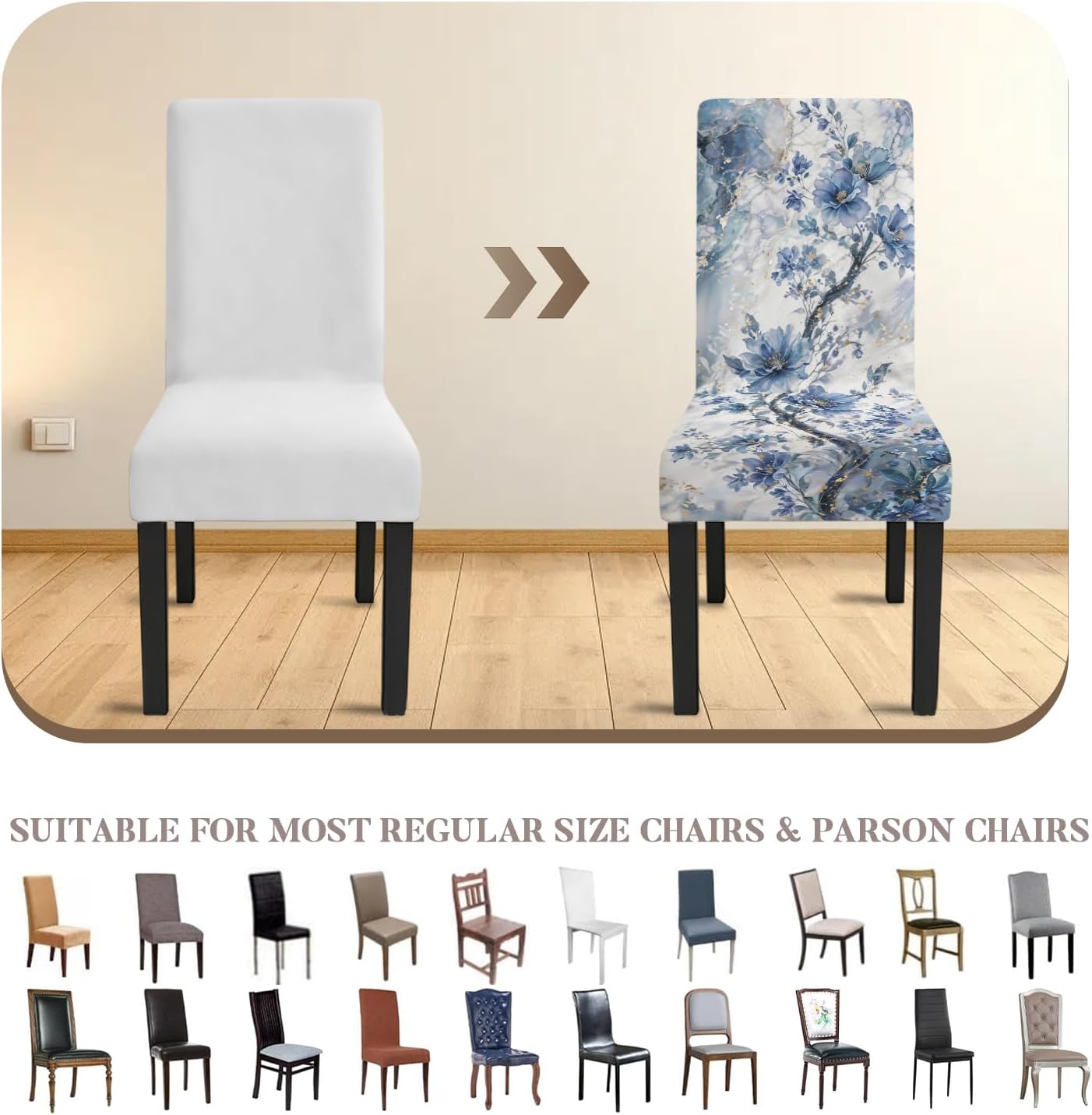 Blue Floral Dining Chair Covers Set of 4 - Stretch Slipcover | Vintage blue floral dining chair covers, set of 4; high-stretch washable slipcovers for dining room or parsons chairs