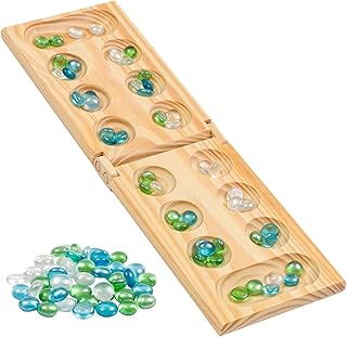 Regal Games - Wooden Mancala Board Game Set - Portable Foldable Wooden Board, 48 Glass Mancala Stones, and Mancala Instructions - for Large Groups, Parties, Travel, Family Events, Adults, and Kids