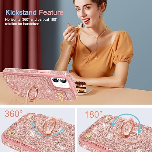 Miniatura 4 de Fingic Funda para iPhone 14, iPhone 13 con soporte de anillo de 360, con 1 protector de pantalla, 5 tarjeteros, con purpurina brillante y bloqueo