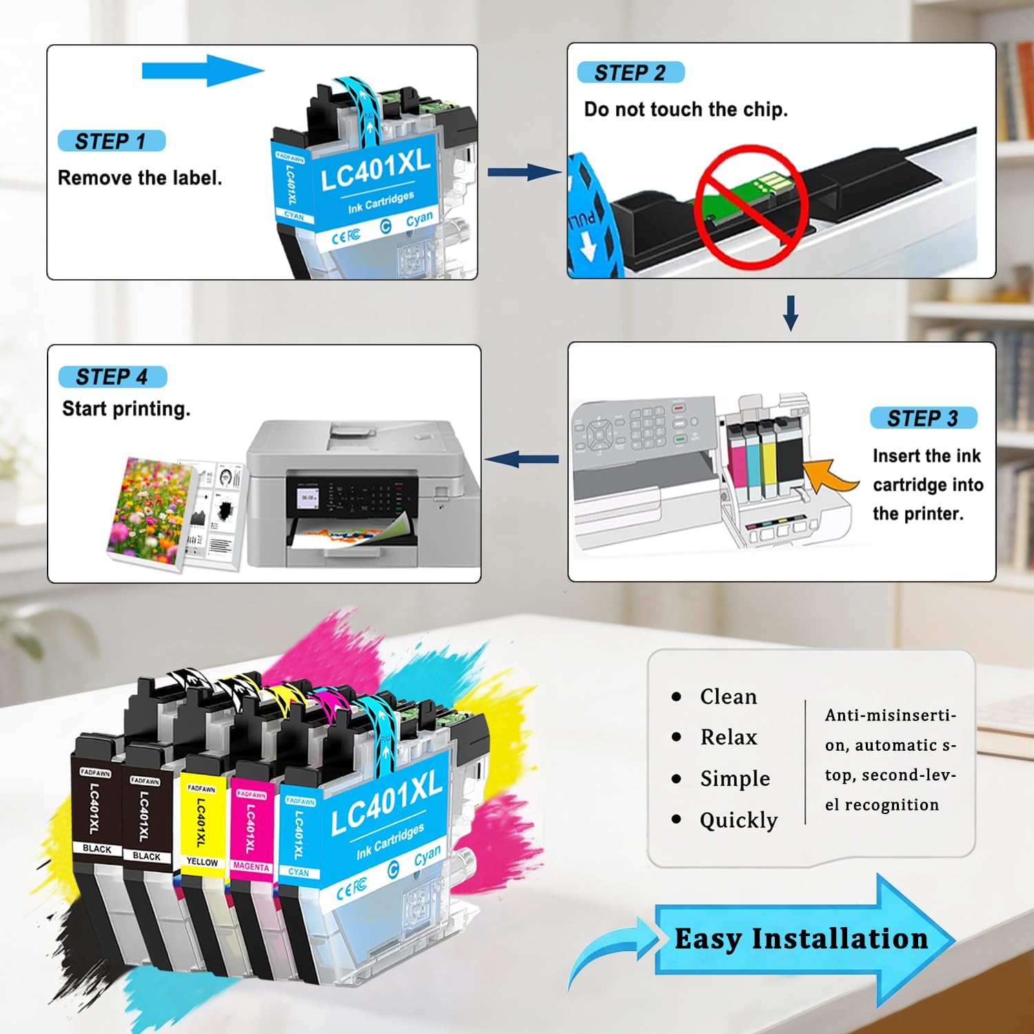 LC401 LC401XL Ink Cartridges Replacement for Brother Printer LC401XL LC 401 XL High Yield 5-Pack Set - Work for MFC-J1010DW MFC-J1012DW MFC-J1170DW MFC-J1800DW (2BK/C/M/Y)