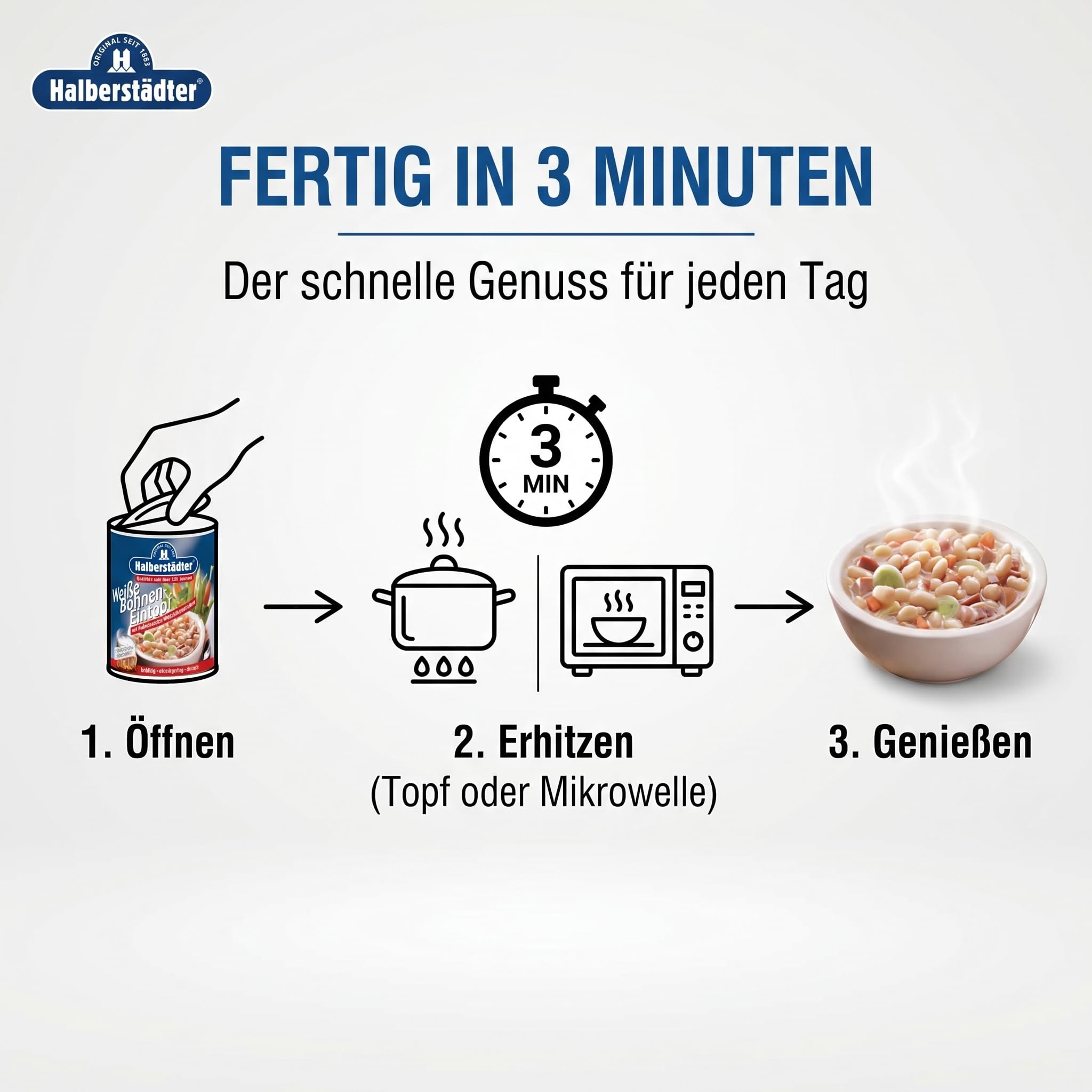Halberstädter 12x Weiße Bohnen-Eintopf in herzhafter Fleischbrühe eingekocht mit Kartoffeln, Gemüse & original Halberstädter Würstchen