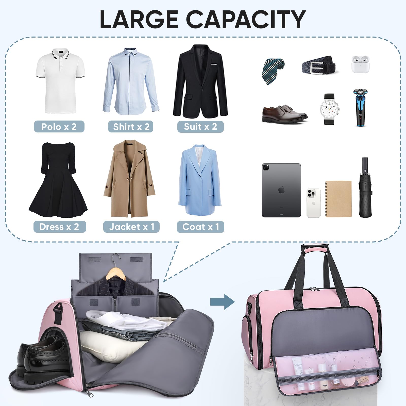 BALEINE Bolsa de ropa convertible con compartimento para zapatos, 2 en 1, bolsas de lona para viajes, bolsa de traje para hombres y mujeres, Rosado