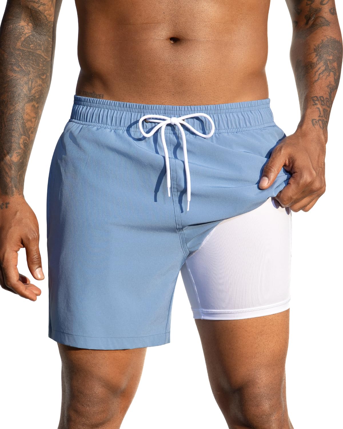 SILKWORLD Mens Swimming Trunks with Compression Liner and Zipper Pockets