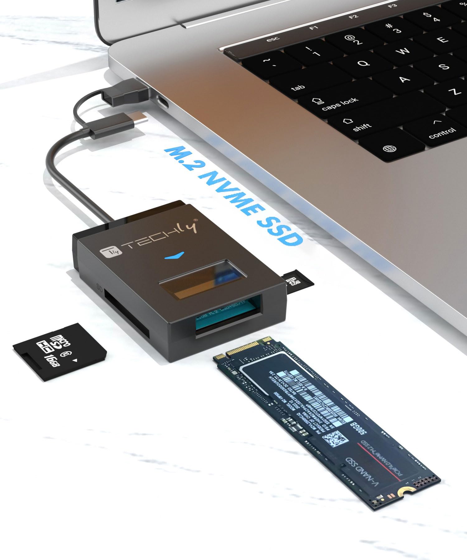 Techly 622298 Adaptador USB-A/USB-C a NVME/SATA M.2 con lector de memoria SD/TF negro