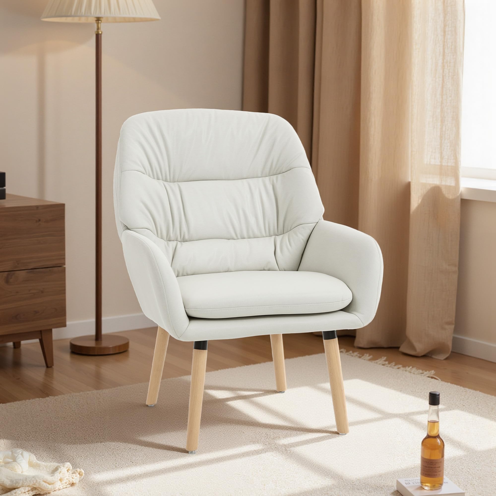 HOMCOM Sillón de Salón Moderno, Butaca de Salón, Acolchado de Doble Capa, Tapizado en Cuero Sintético, Patas de Madera, Sillón de Lectura para Dormitorio, Oficina, Estudio, 68x74x89 cm, Crema