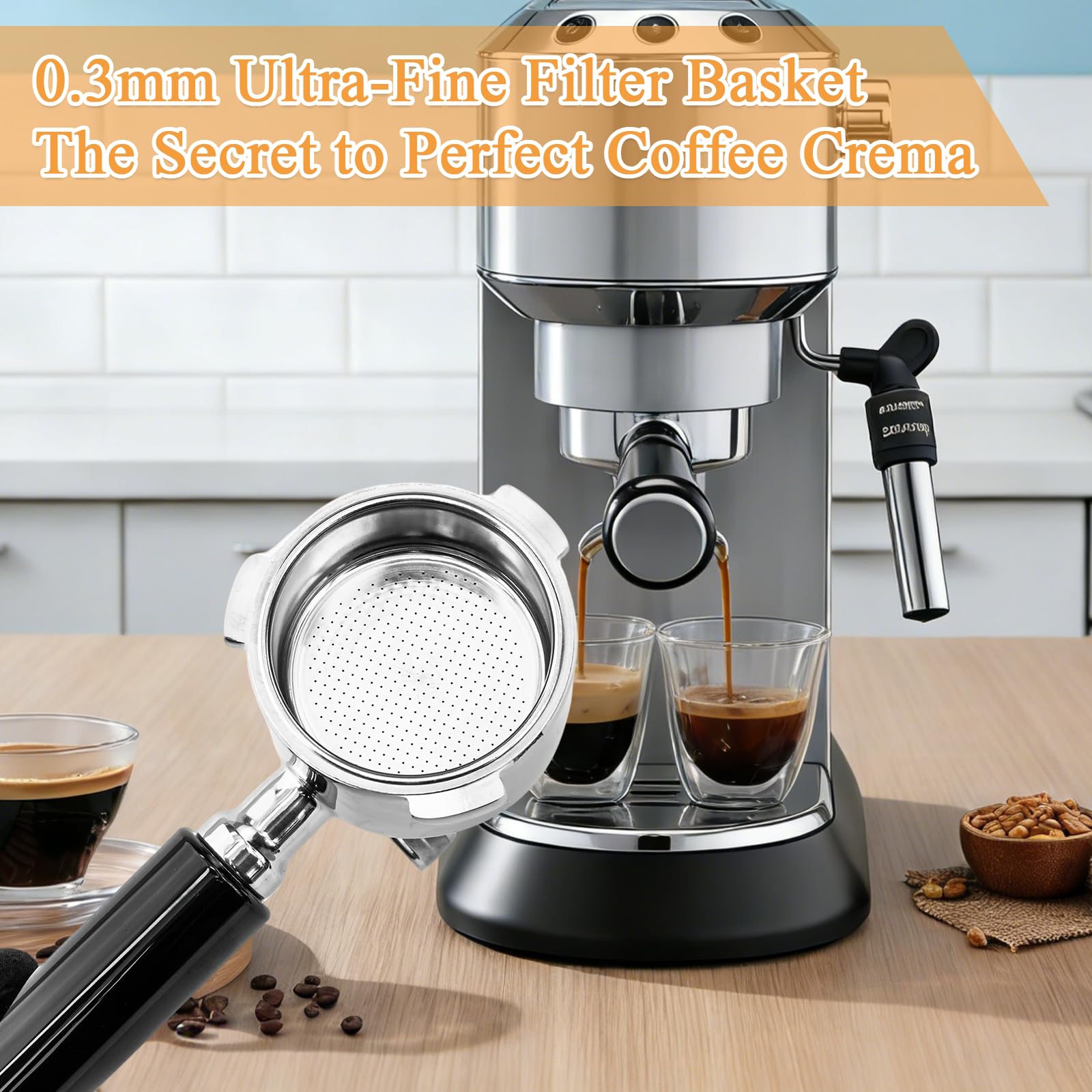 Porte-filtre 51mm 3 Oreilles à Double Bec en Acier Inoxydable - Compatible Delonghi Dedica EC685 EC680 EC785 - Poignée ABS Ergonomique - Noir