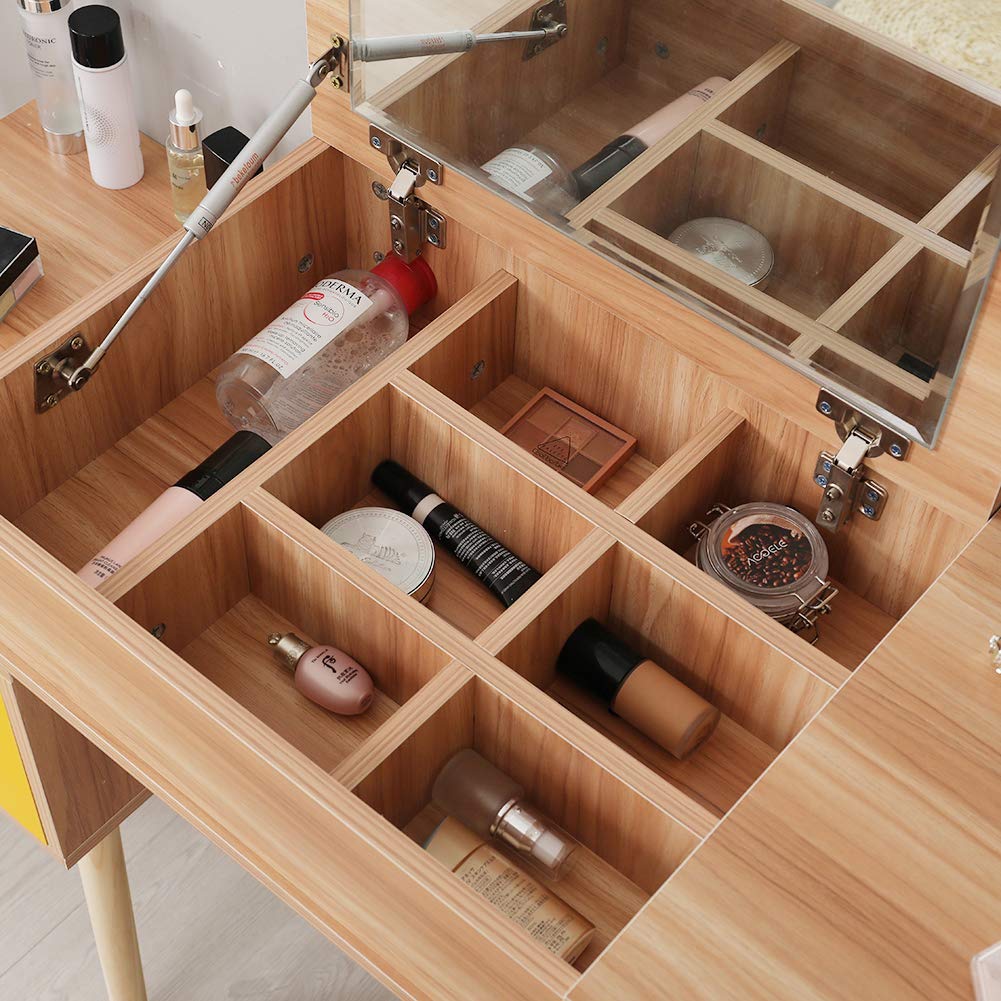 Vanimeu Oak Scandi Dressing Table with Folding Mirror Makeup Vanity
