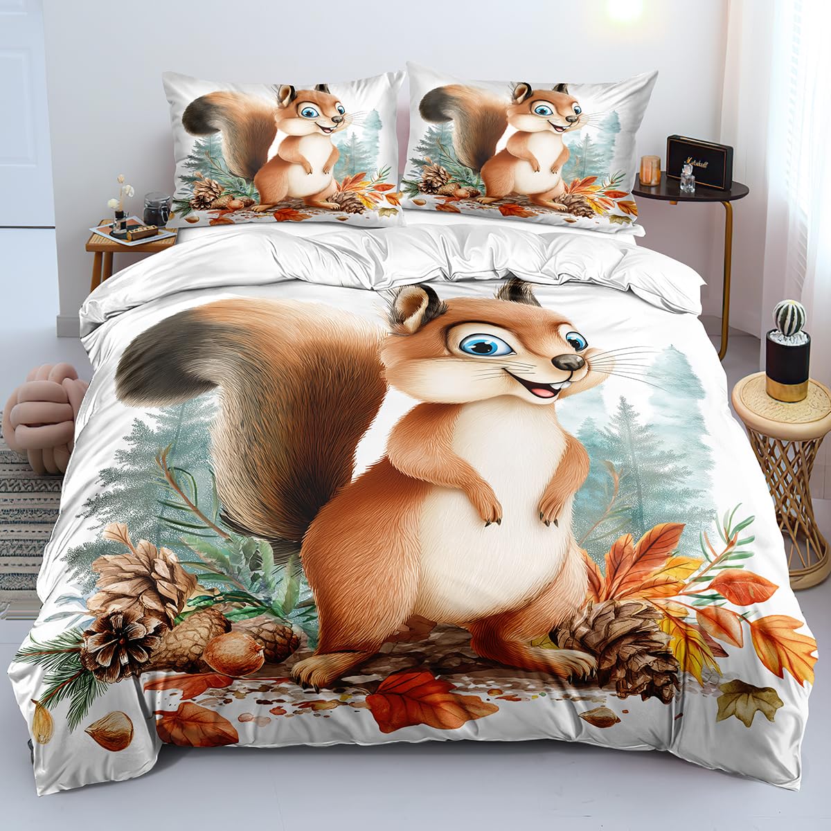 Housse de couette 200x200 écureuils automne - Parure de lit enfant douce marron