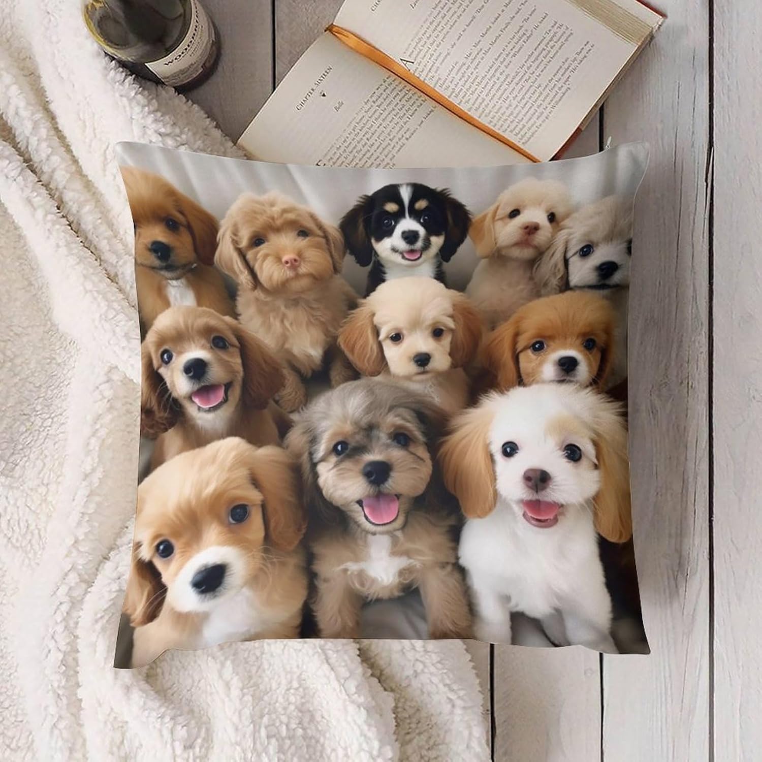 Zippered Pillow Cover, Pillow Protector, Cute Dogs Printed Pillow Cover of 4, Pillow Not Included