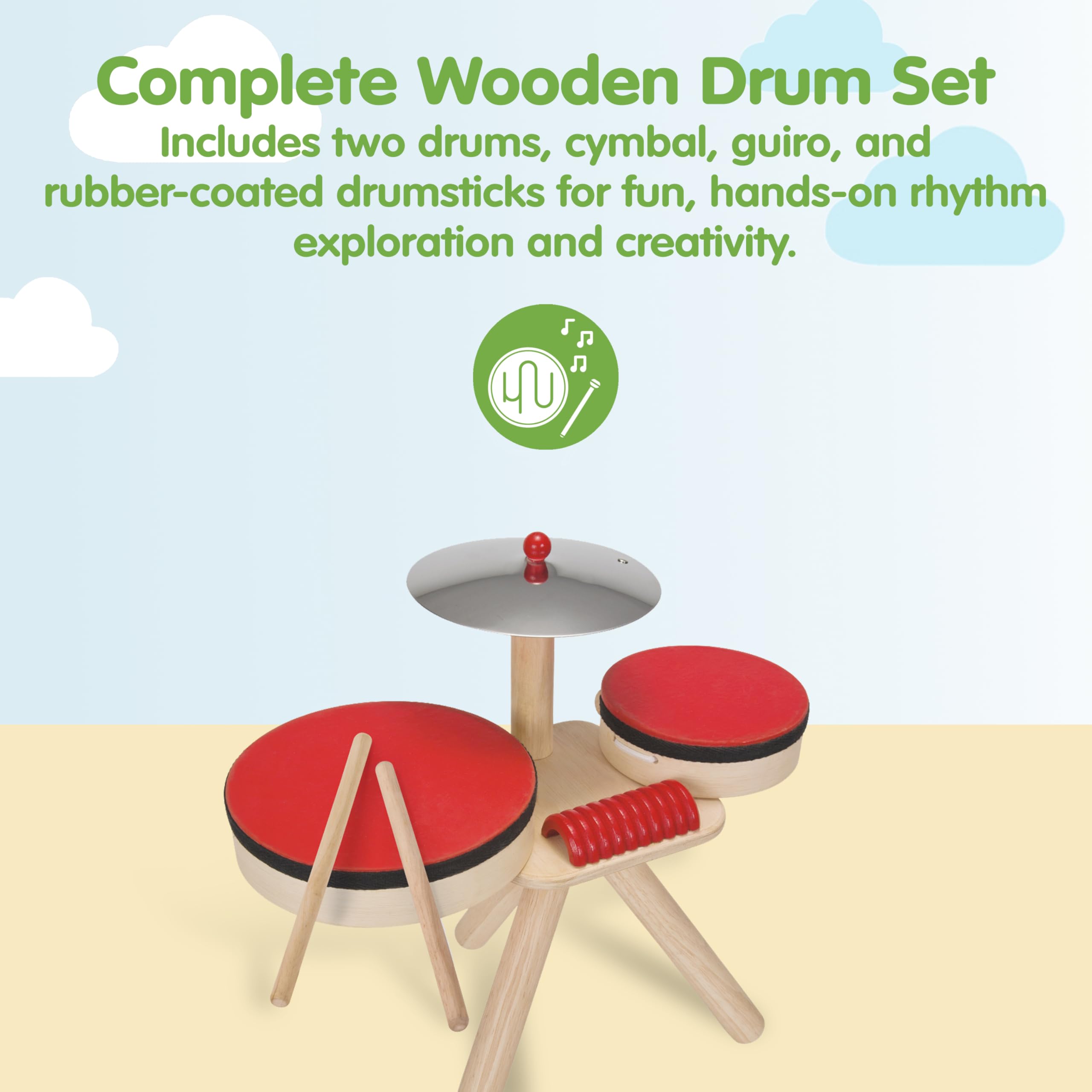 Plan Toys Musical Band | Drum Cymbal Guiro, Wooden Musical Band Set, Montessori sensory exploration, coordination creative expression, kids music inst