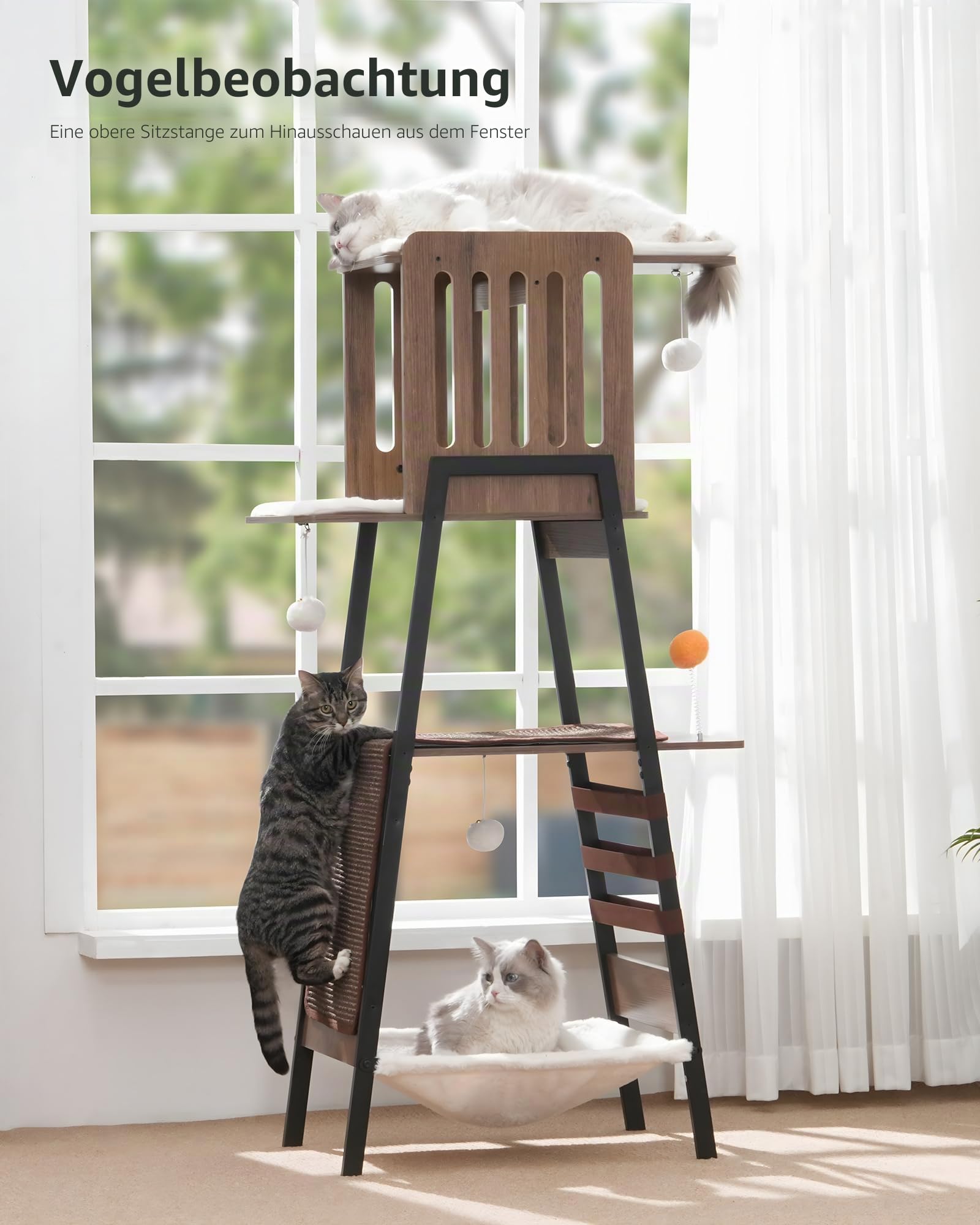 FourFurPets 147 cm Kratzbaum, Kratzbaum Grosse Katzen stabil, moderner katzenbaum für drinnen, hoher Katzenbaum mit Kratzbrett, Katzenturm Holz mit großer Plattform, Höhle, Greige