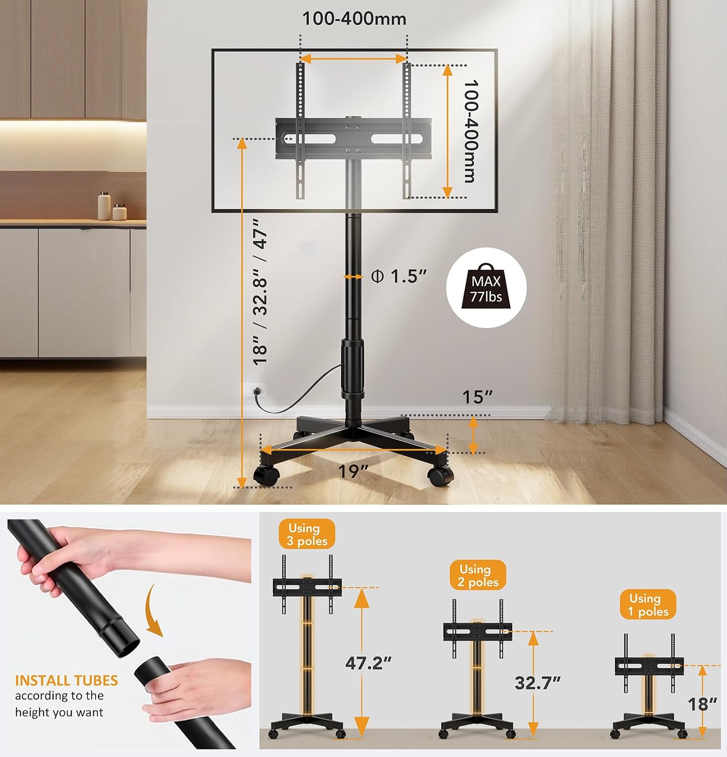 Mobile TV Stand with Power Outlets, Floor Portable TV Stand with Wheels for 23-60 Inch LCD LED OLED Panel Screen TVs with Rotation Socket around the Pole Height Adjustable Tilt , RollingTV Cart Black