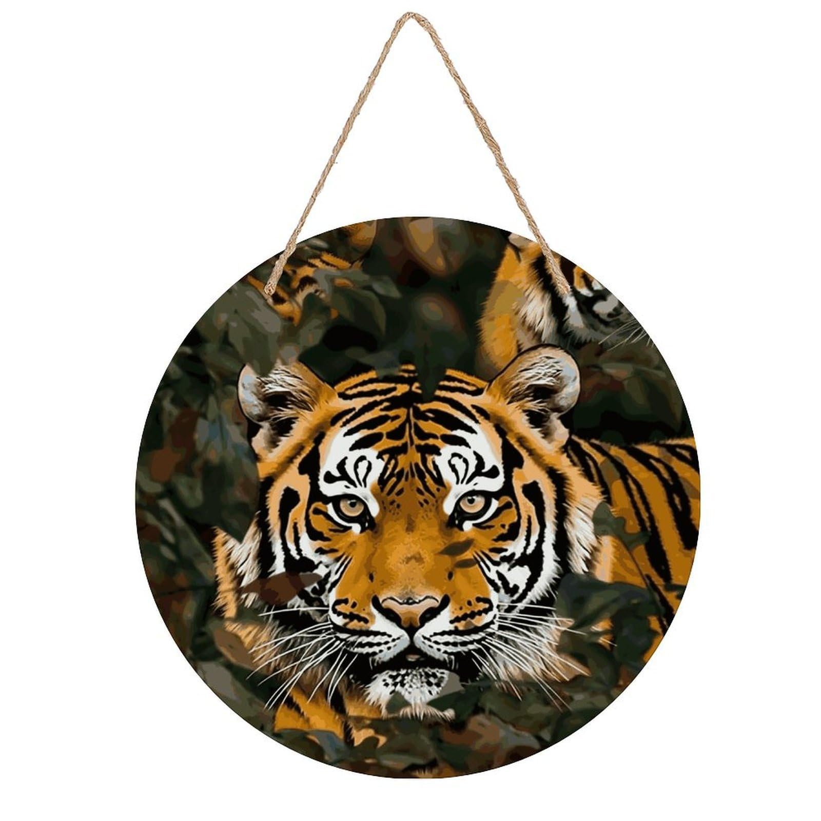 FekiLoot Camouflage Tiger Wall Art Decor Round Wood Hanging Sign Decoration Wooden Circle Door Sign Round Hanging Decorative Wood Plaque Door Hanger for Home Outdoor Indoor Decoration