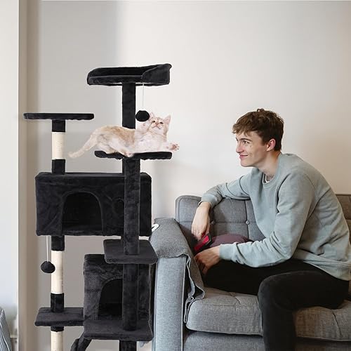 Miniatura 30 de Torre de árbol para gatos de interior, torre para gatos de varios niveles de 54 pulgadas para gatos grandes, casa alta de árbol para gatos con poste