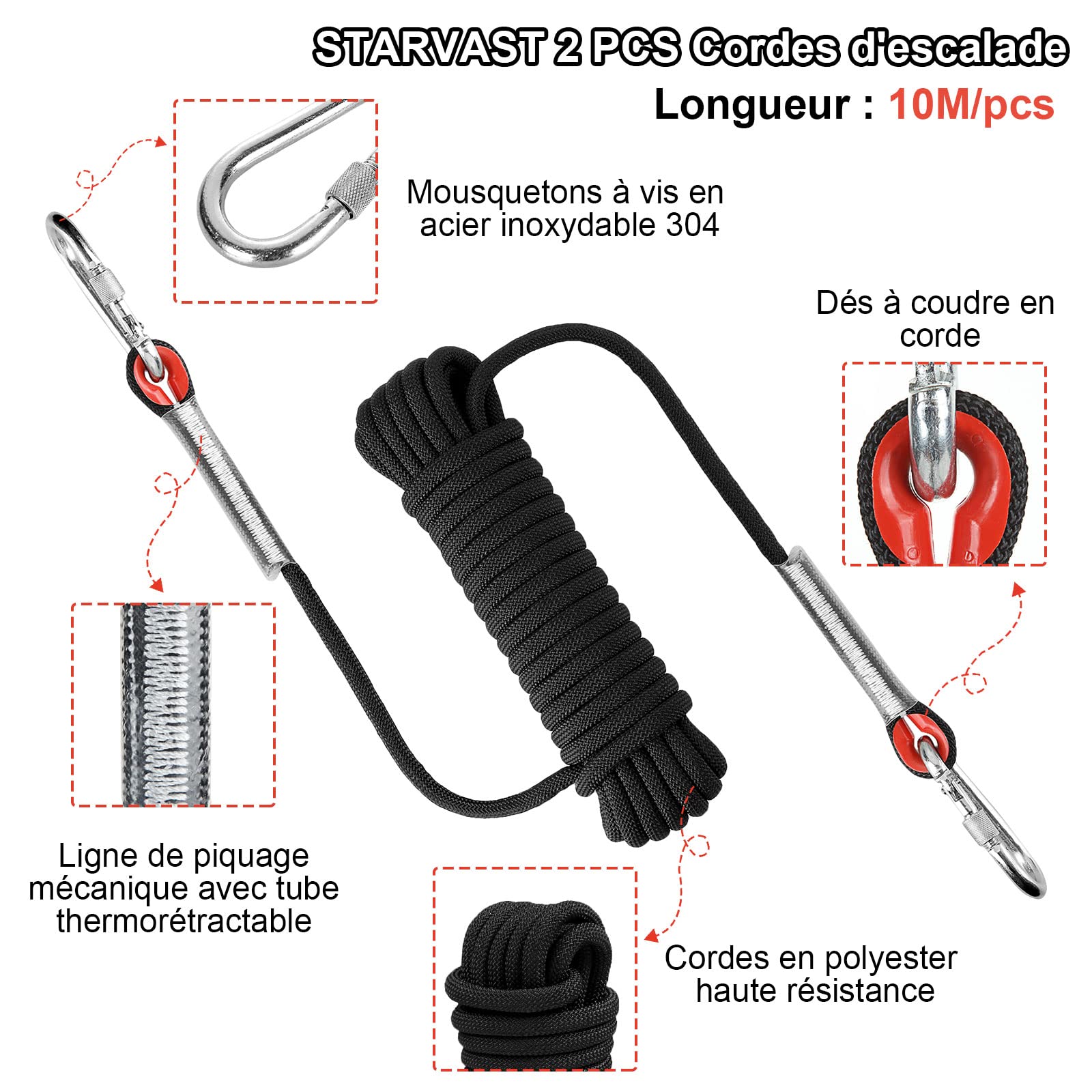 SENENQU 2 Piezas Cuerda de Escalada 10 m 10 mm con 4 Mosquetones, Cuerda Escalada Estática con Bolsa Reflectante, Carga 12KN para Camping, Rescate, Senderismo y Actividades al Aire Libre