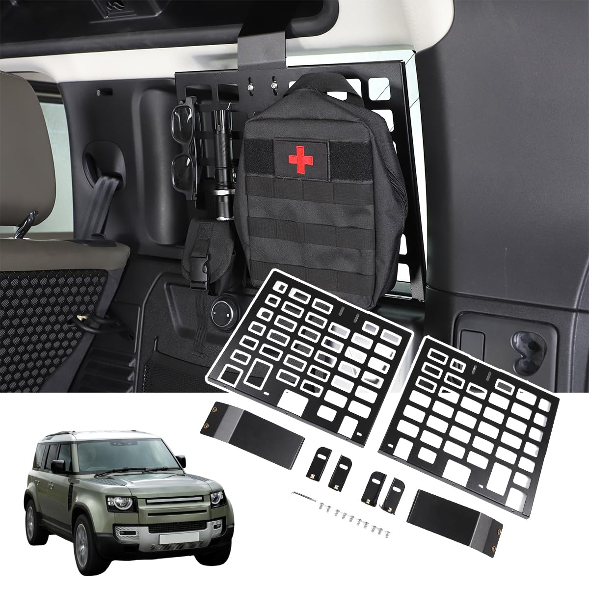 JONKOKO Interior Trunk Storage Molle Panel Organizer Compatible with Land Rover Defender 110 2020-2024 Alloy Car Rear Window Molle Panel Modular Storage Panel