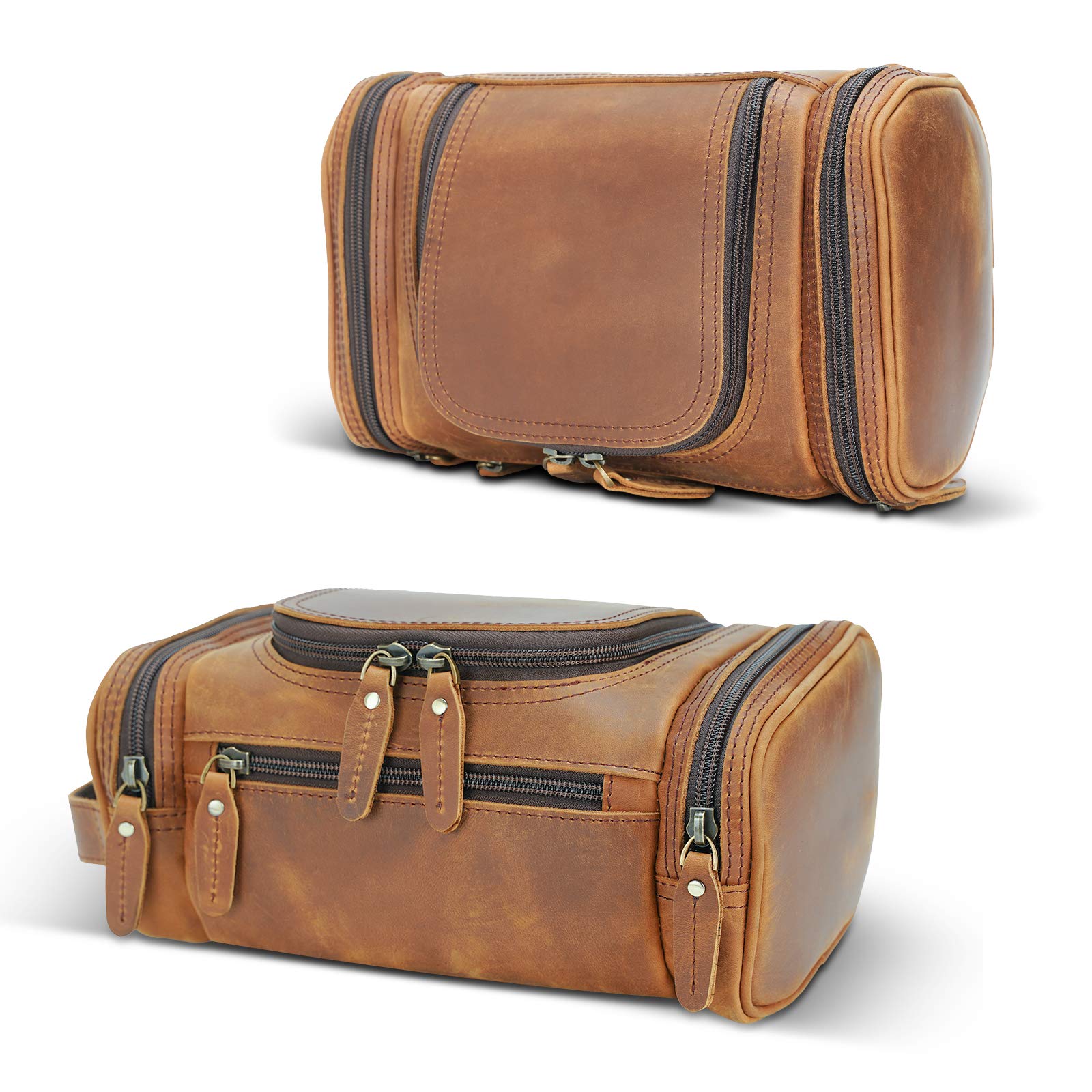 POLARE ORIGINALPolare - Neceser de piel de grano completo, kit de afeitado Dopp, estuche de viaje, bolsa de lavado con cremalleras YKK, , Medium, B- marrón,, 14.08[set de ]