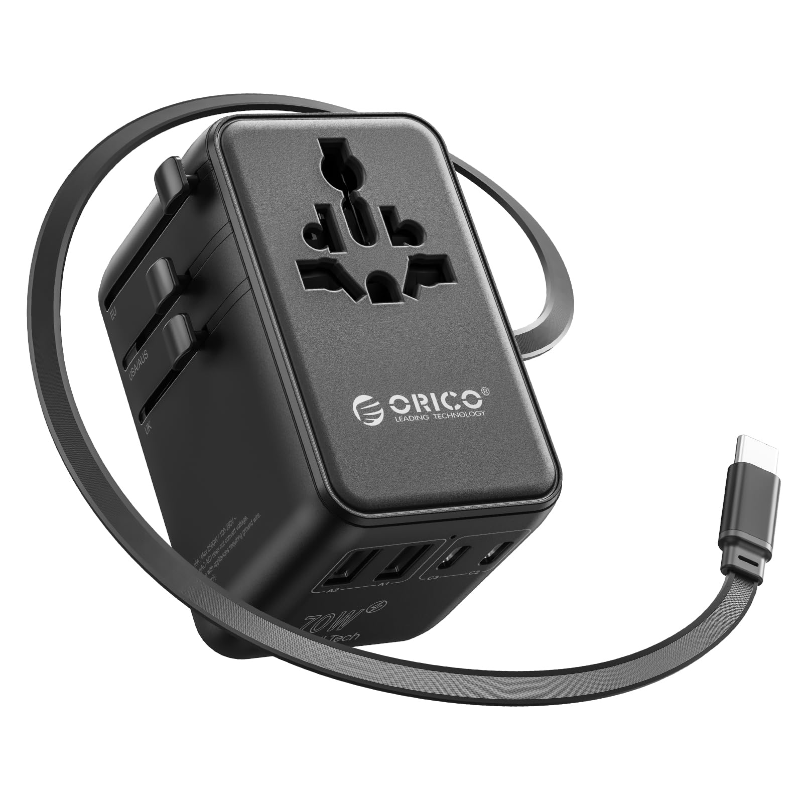 ORICO Adapter podróżny 70 W na całym świecie z wysuwanym kablem, uniwersalna wtyczka podróżna z 2 AC + 2 USB A+3 USB C, międzynarodowy adapter gniazdka, do Anglii, USA, Japonii, Tajlandii, Australii