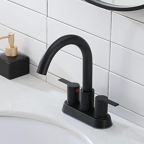 Miniatura 6 de Friho Modernos grifos de baño de 3 agujeros, color negro mate, 4 pulgadas, 2 asas, juego central, grifo de lavabo de baño, boquilla giratoria de 360
