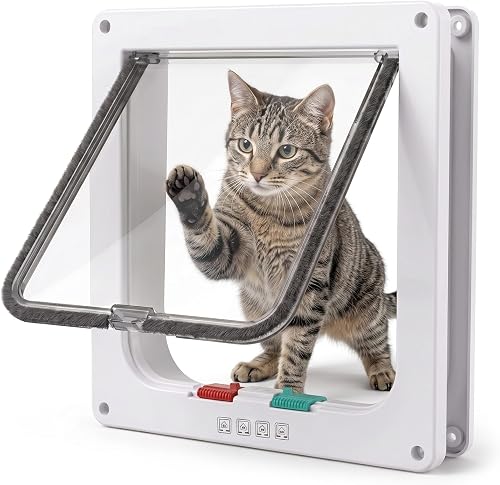 4 Way Locking Cat Flap Pet Door with Magnetic Closure | 19 × 19.7 × 5.5 cm ABS Frame with Brush Seal, Clear Flap & 4 Lock Modes for Cats - White, M