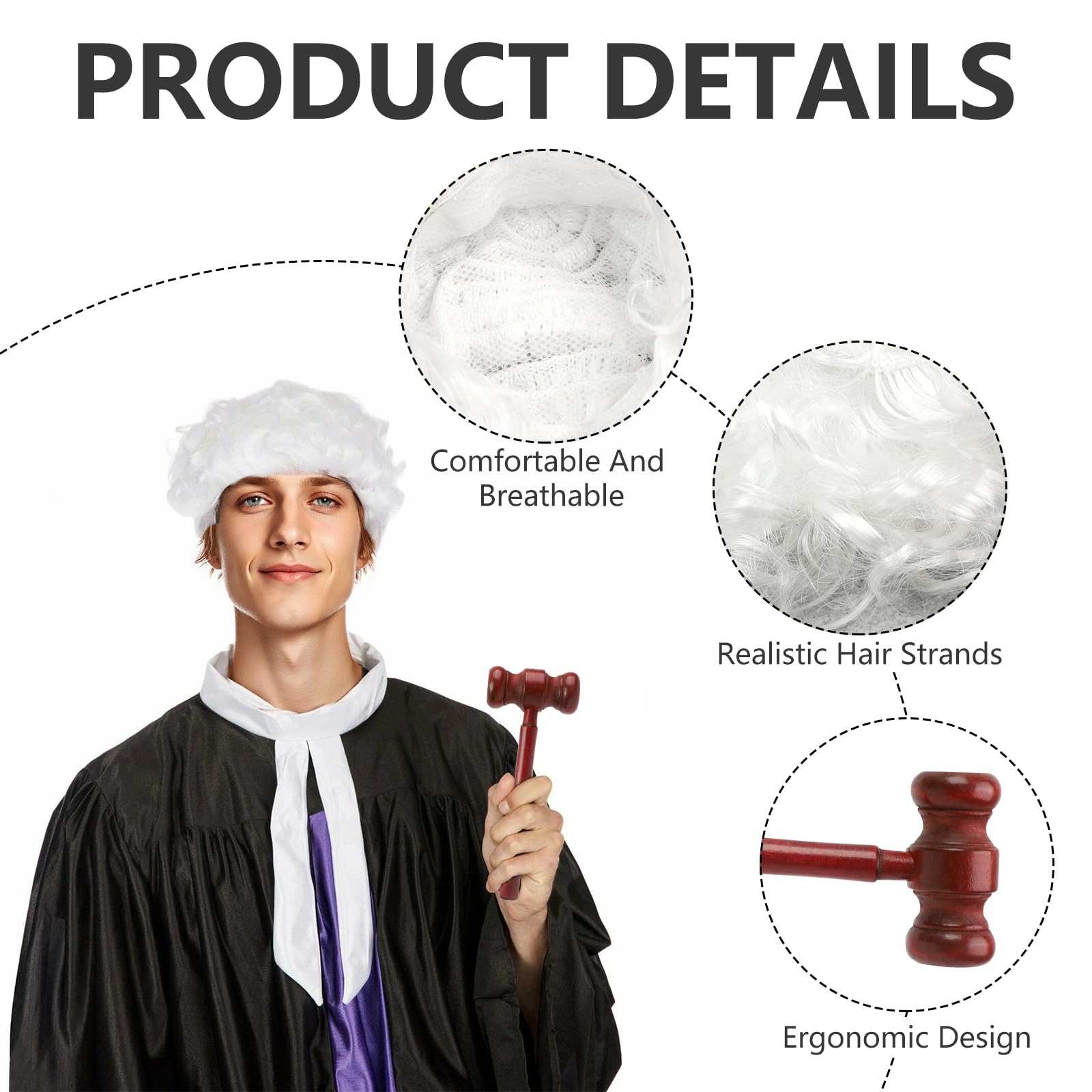 2 Pcs Judge Costume Accessories,White Judges Wig Lifelike And Vivid,Mini Wooden Judge Gavel,Lightweight And Portable,Party Costume Accessories,Cosplay Accessories for Halloween Makeup Theme Party - Image 3