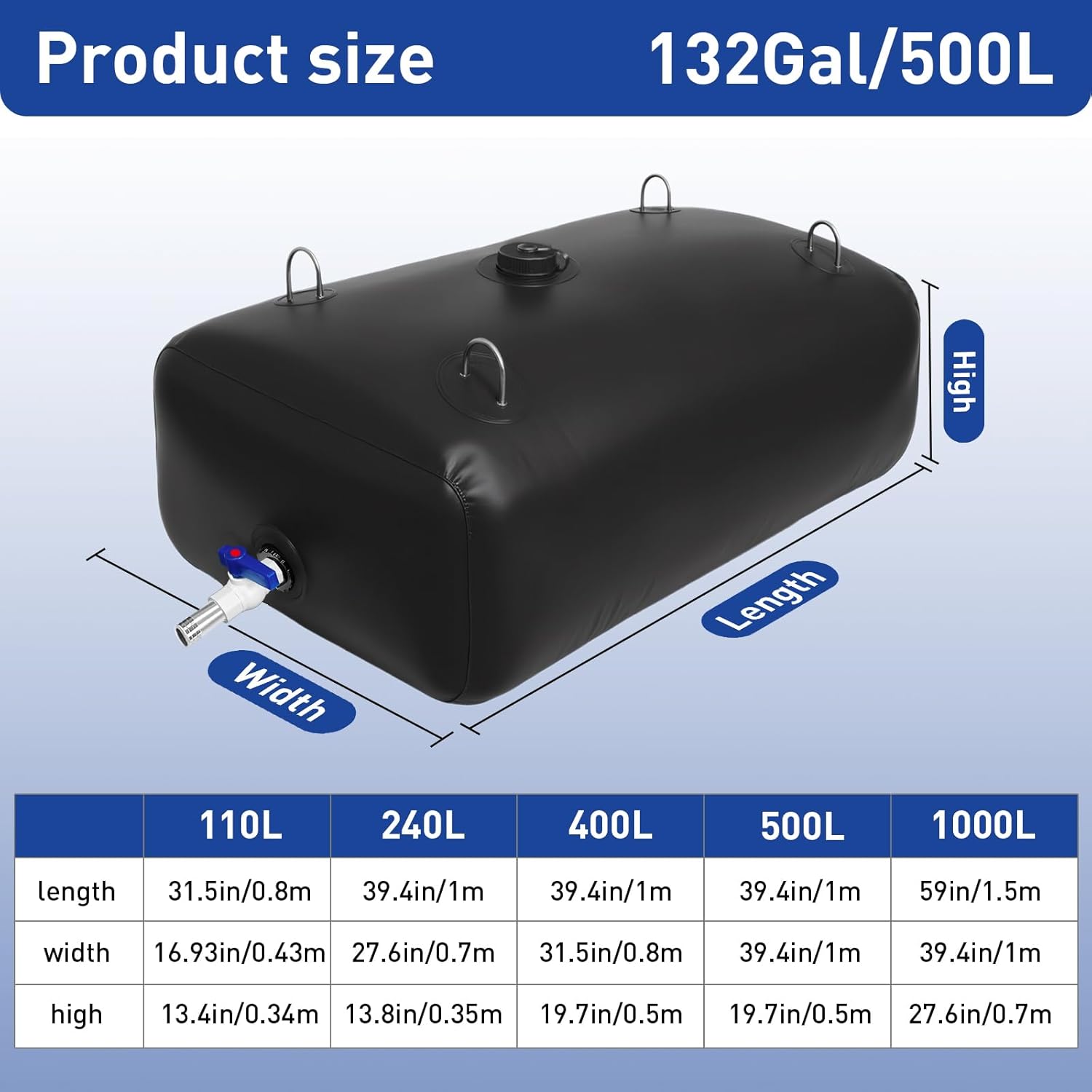 500 L/132 Gal Water Storage Bladder, Foldable Portable Water Tank, Water Storage Containers with Spigot, RV Water Bladder Tank, for Camping, Outdoors, Garden, Emergency