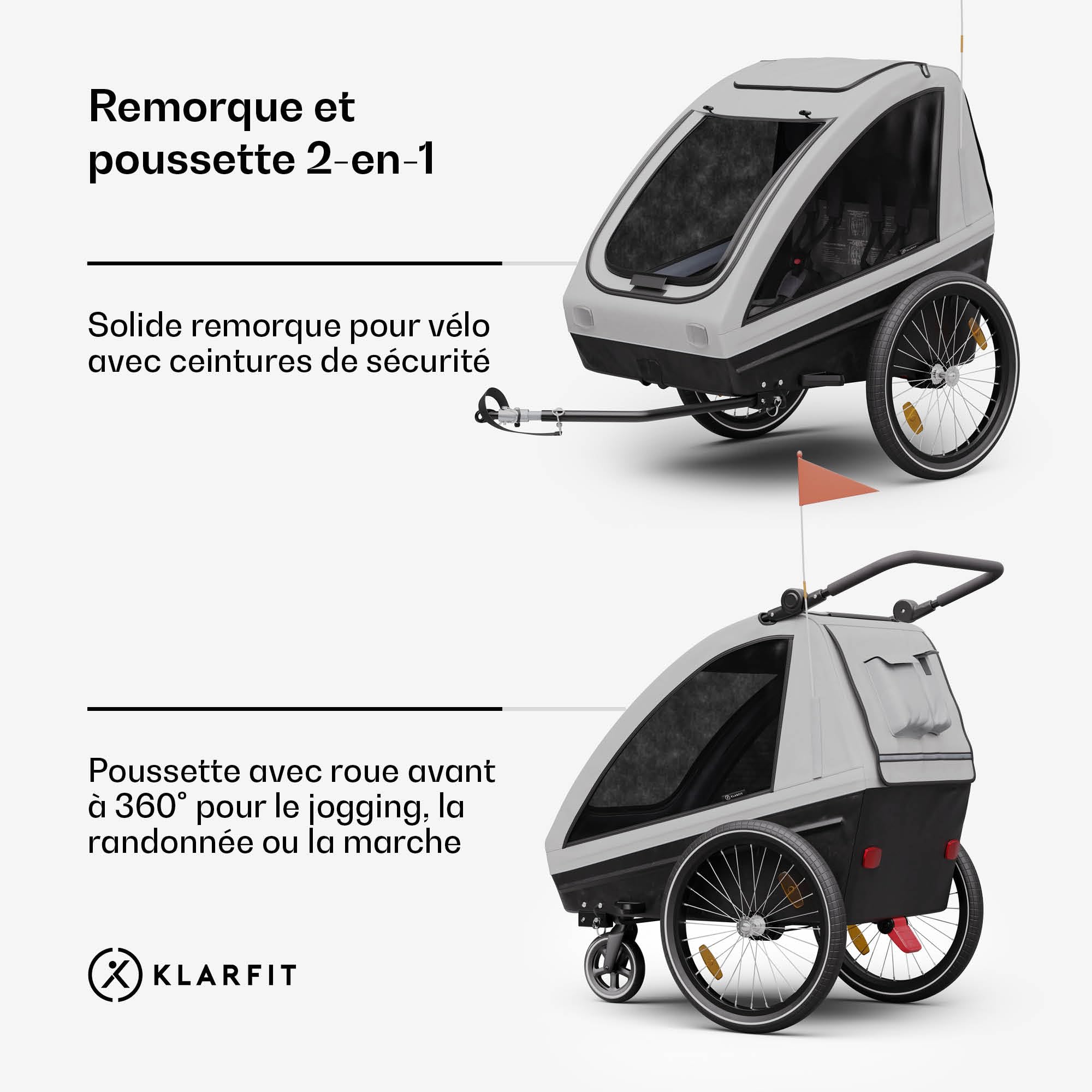 KLAR FIT GoKiddo Remorque Vélo Enfant - 2-en-1 Remorque & Buggy avec Freins, Ceintures de Sécurité, Sièges Réglables, Capacité 40kg, Protection Pluie & UV, Pliable, Gris Clair