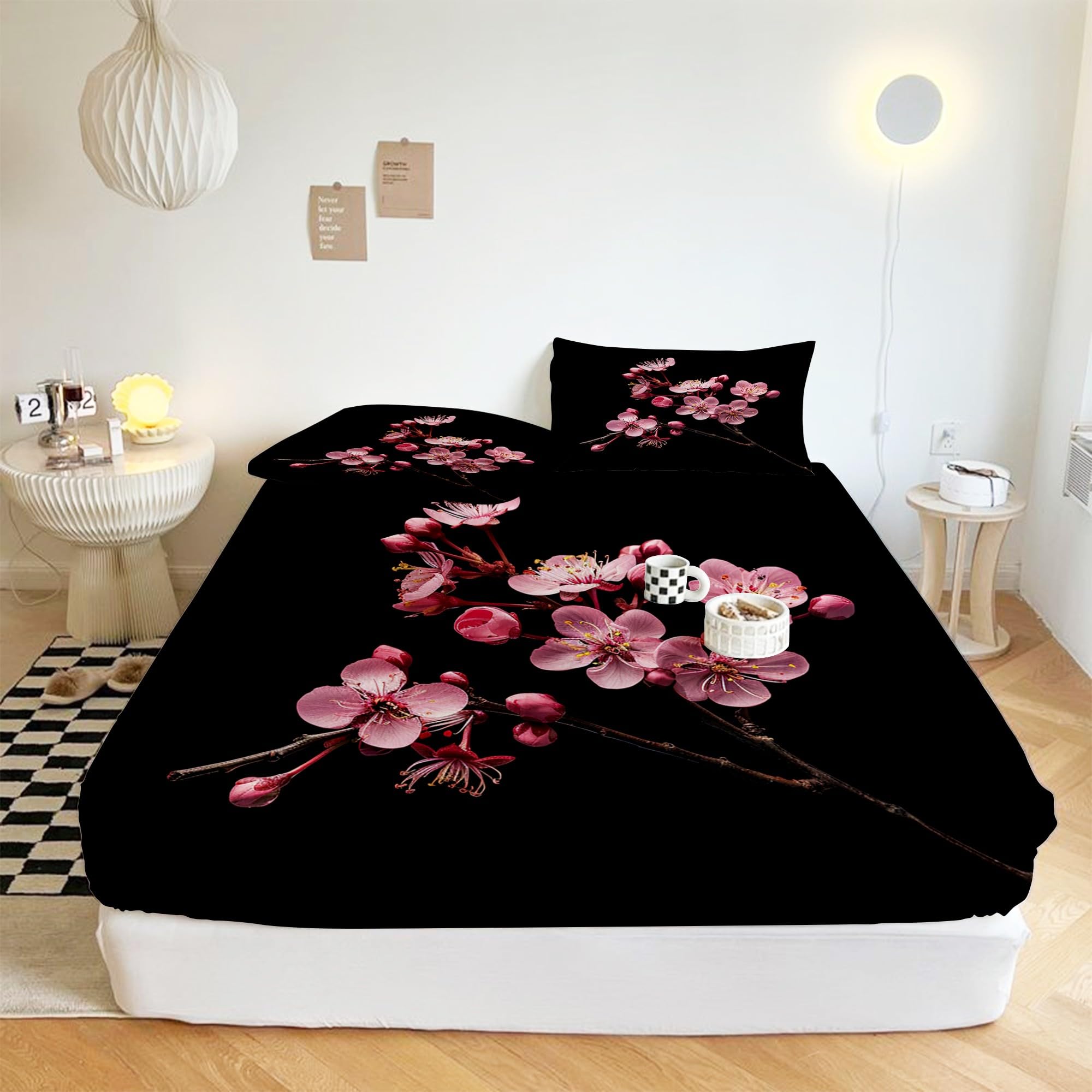 Spannbettlaken 160x200cm Rosa Blume Schwarz Kinder Spannbetttuch für Jungen Mädchen Jugendliche Dekor Bettlaken Set 3D Gedruckt Matratzenbezug mit 2 Kissenbezügen