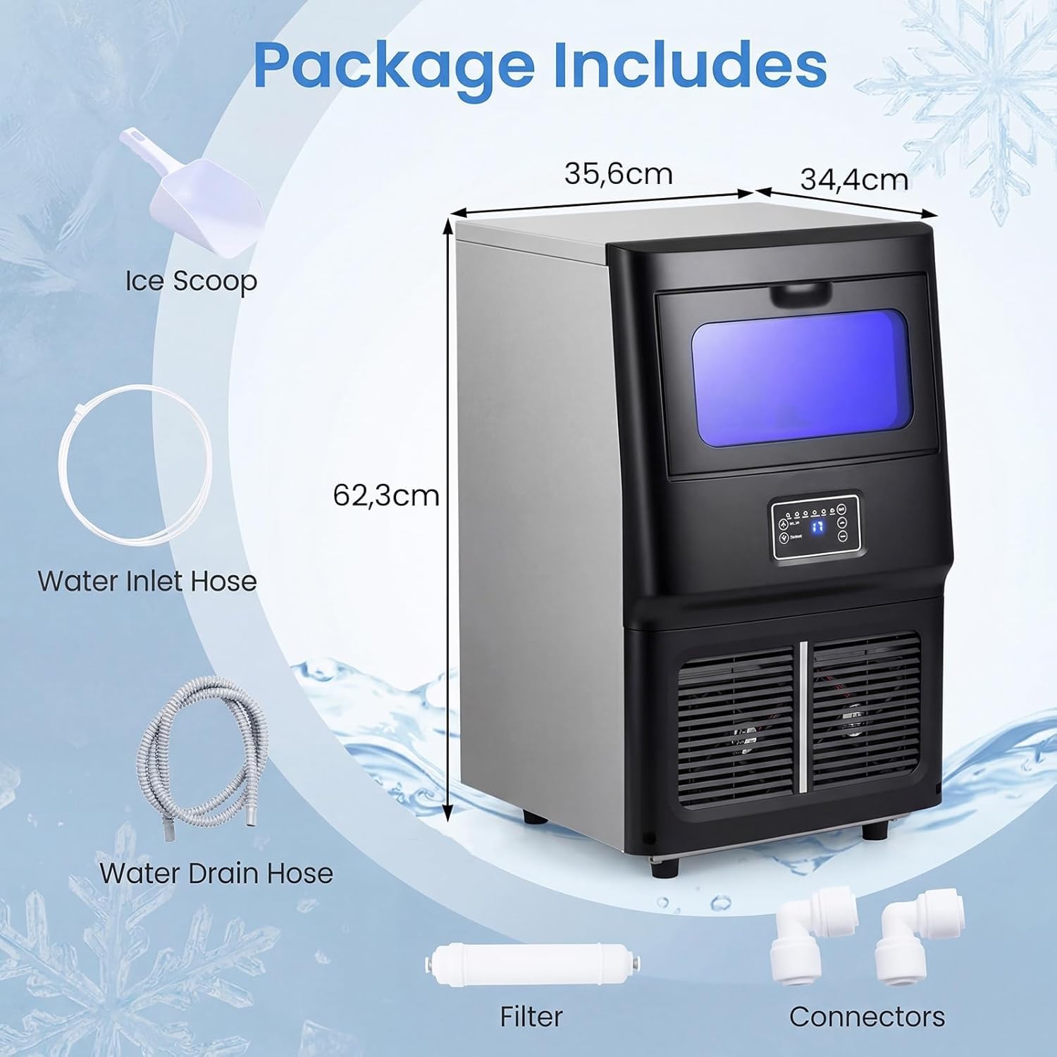 LIFEZEAL Macchina per Ghiaccio Commerciale 120W, 25 kg/24h, Macchina del Ghiaccio da Banco in Acciaio Inox con Paletta, Filtro PP per Acqua, Timer, Funzione Autopulente, per Ristorante, Ufficio, Bar