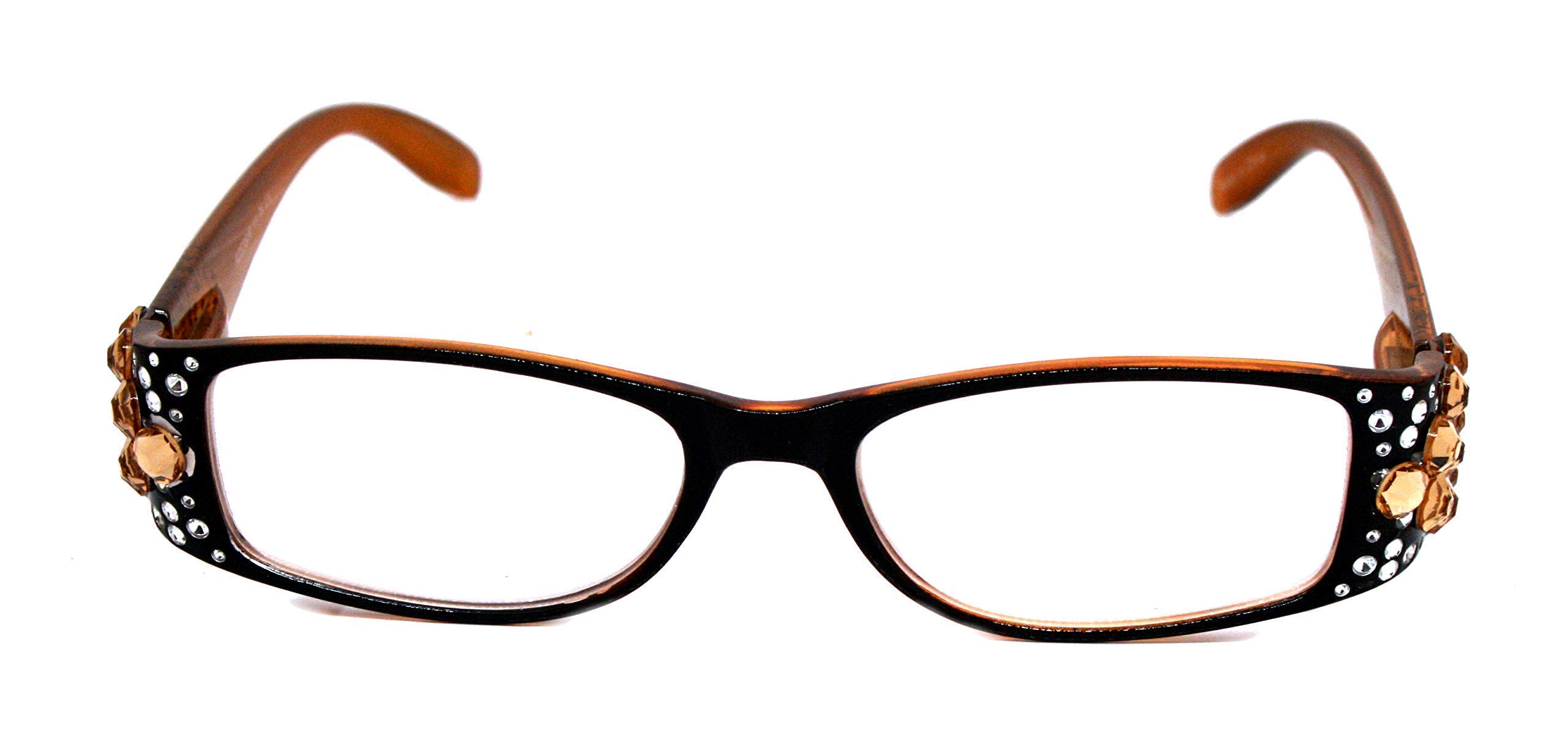 Merkel (Bling) The Diamond Crystal Shape, Bling Women Reading Glasses, Adorned with Light Colorado Genuine European Crystals Black Frame (Light Brown Crystals) Rectangular Shape NY Fifth Avenue.