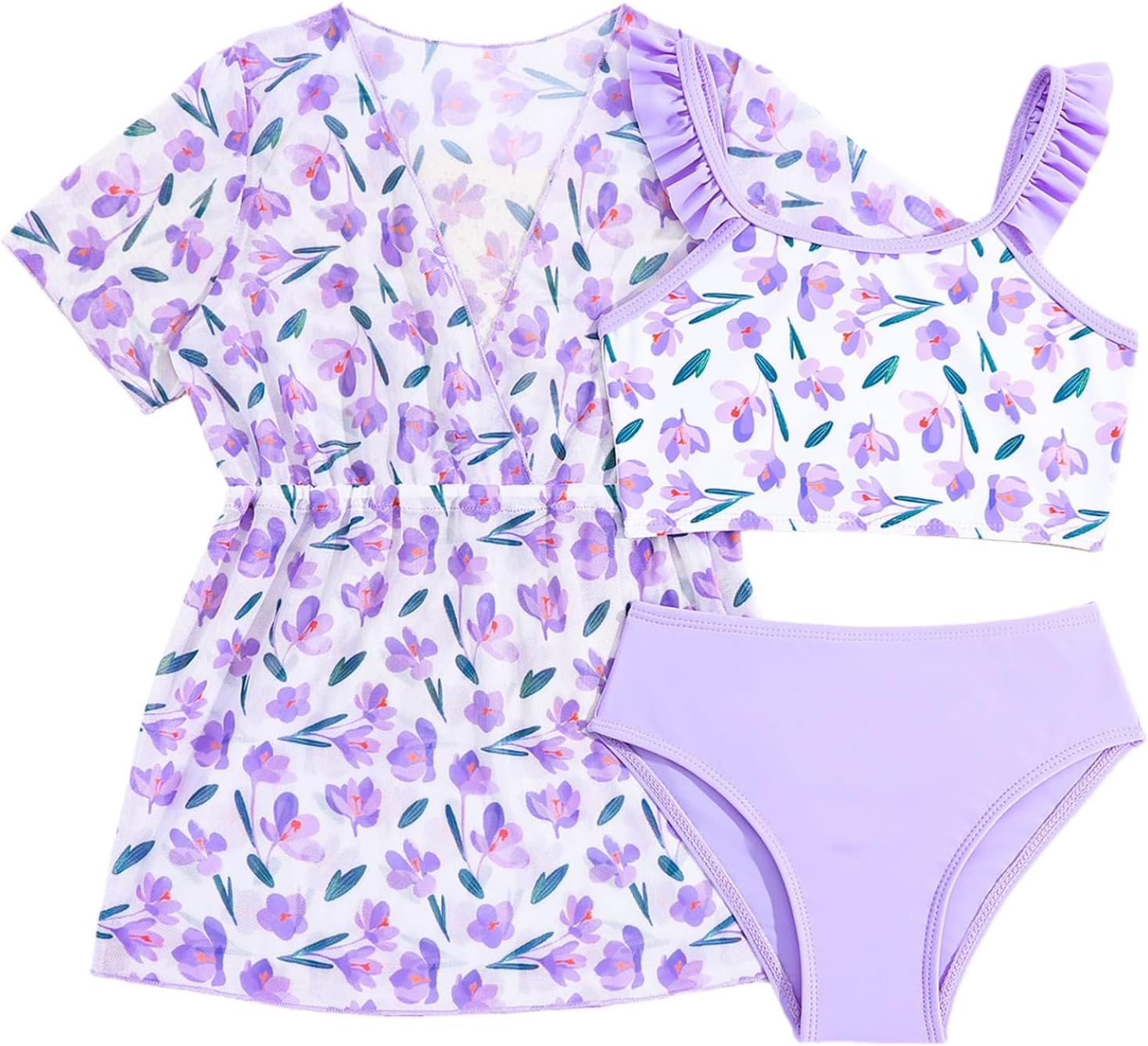 Kids Girls Floral Short Sleeve Kimono Wrap Ruffle Bikini Top with Brief 3 Pcs Bathing Suits