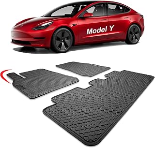 Spurtar for Tesla Model Y Floor Mats 2023 2022 2021 2020, All Weather Car Floor Mats for Model Y, 3D Extended Edge Honeycomb Design Anti-skidding, Heavy Duty Front & Rear Rubber Floor Mats 3PCS