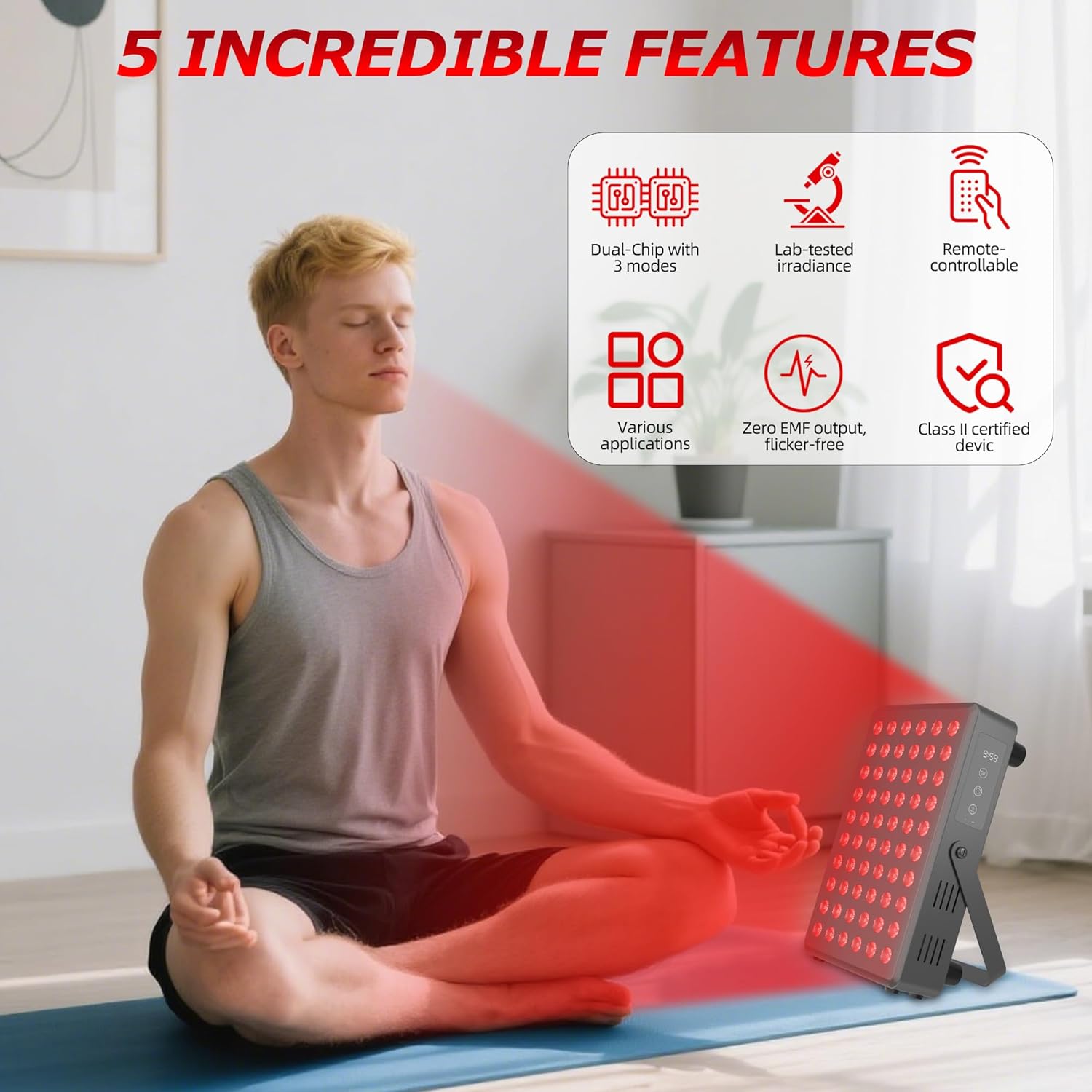 Red Light Therapy Panel for Body and Face, 660nm Red 850nm and Near Infrared Panel Built-in Timer, 60 LEDs High Power, Promote Sleep, Improve The Body, Relieve Muscle Fatigue（E300-Black) - Image 3