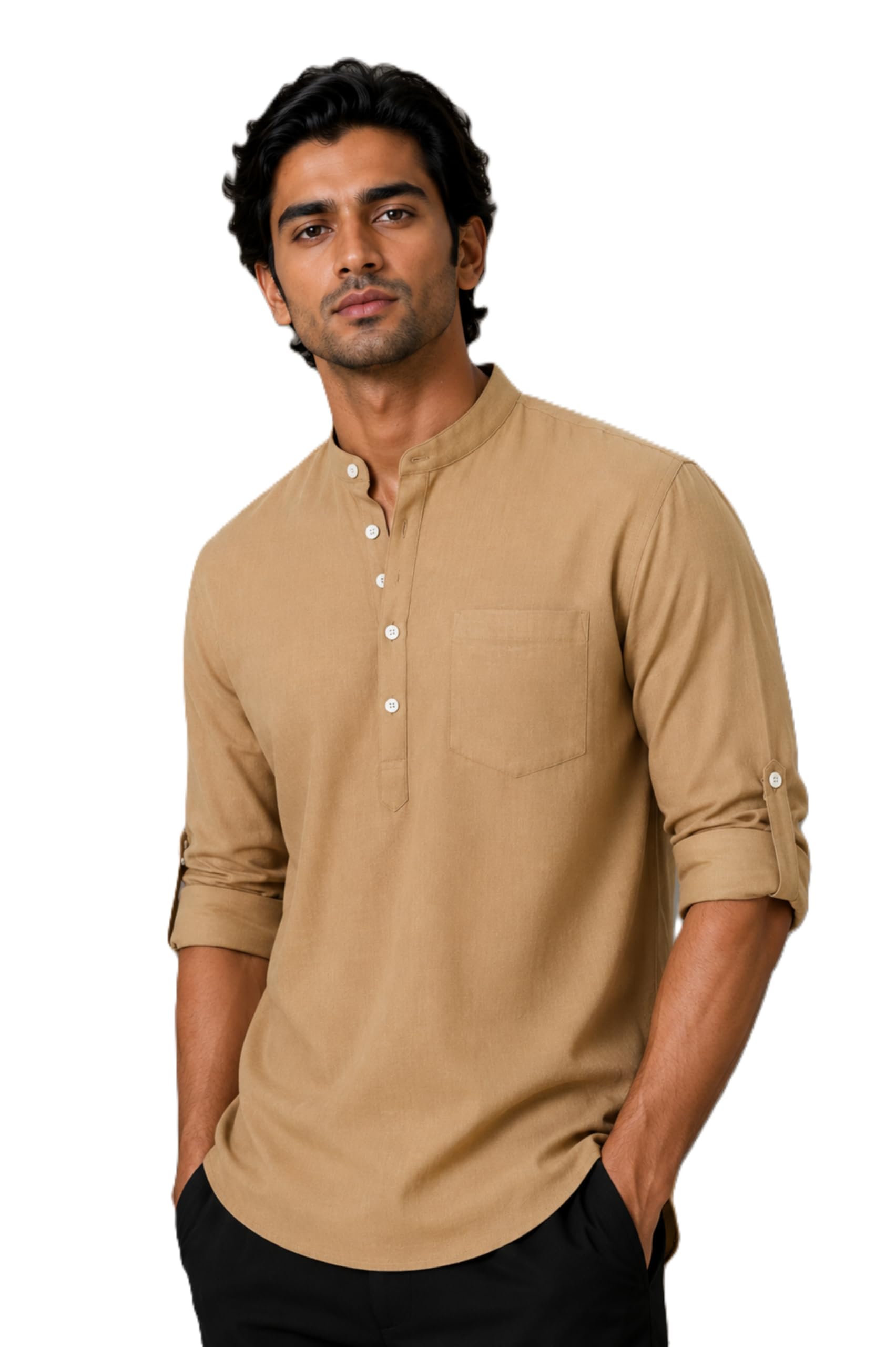 Men's Cotton Linen Blend Relax Fit Short Kurta | Mandarin Collar | Roll-Up Sleeves | Hip Length | Solid Dark Beige-picture-32