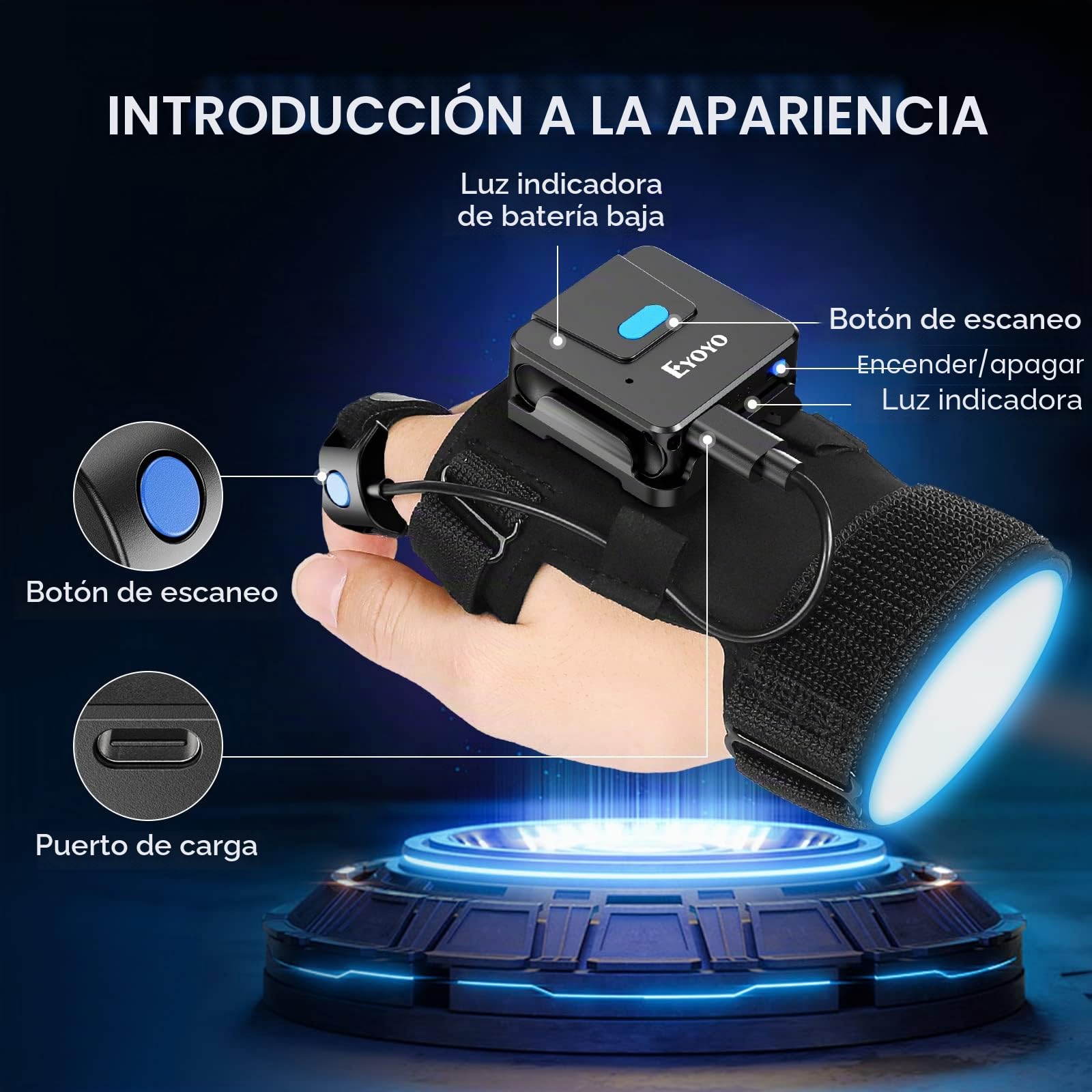 Eyoyo Escáner de código QR, Anillo de Dedo 1D 2D Bluetooth escáner de código de Barras, Mano Izquierda y Derecha, Android Tablet | Lector de código de barras para mano izquierda y derecha, escáner de inventario compatible con iPhone, iPad, tableta Android