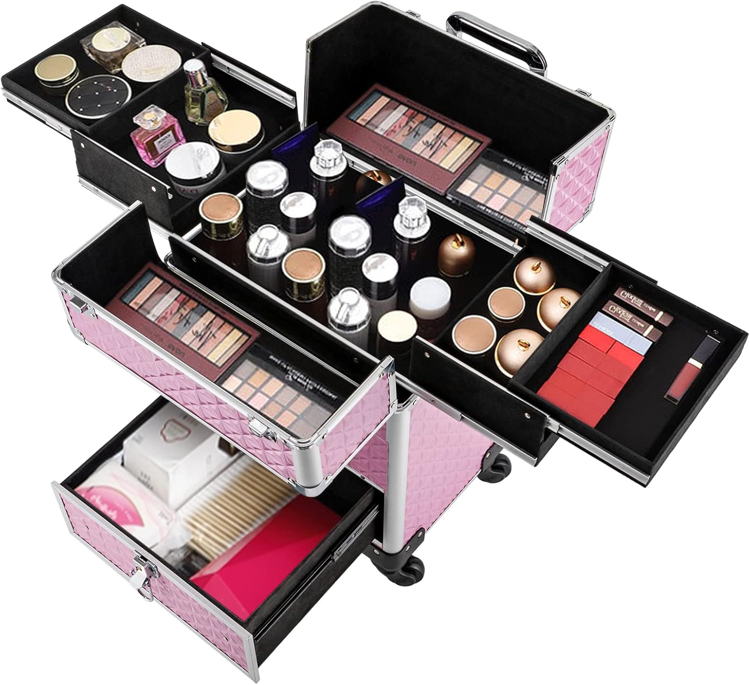 Makeup Rolling Case, Professional Rolling Nail Case Wheeled Manicure Storage Case Polish Organizer w/ Universal Wheels, Portable Adjustable Studio Travel Cart for Nail Technicians Hairstylist (Pink)