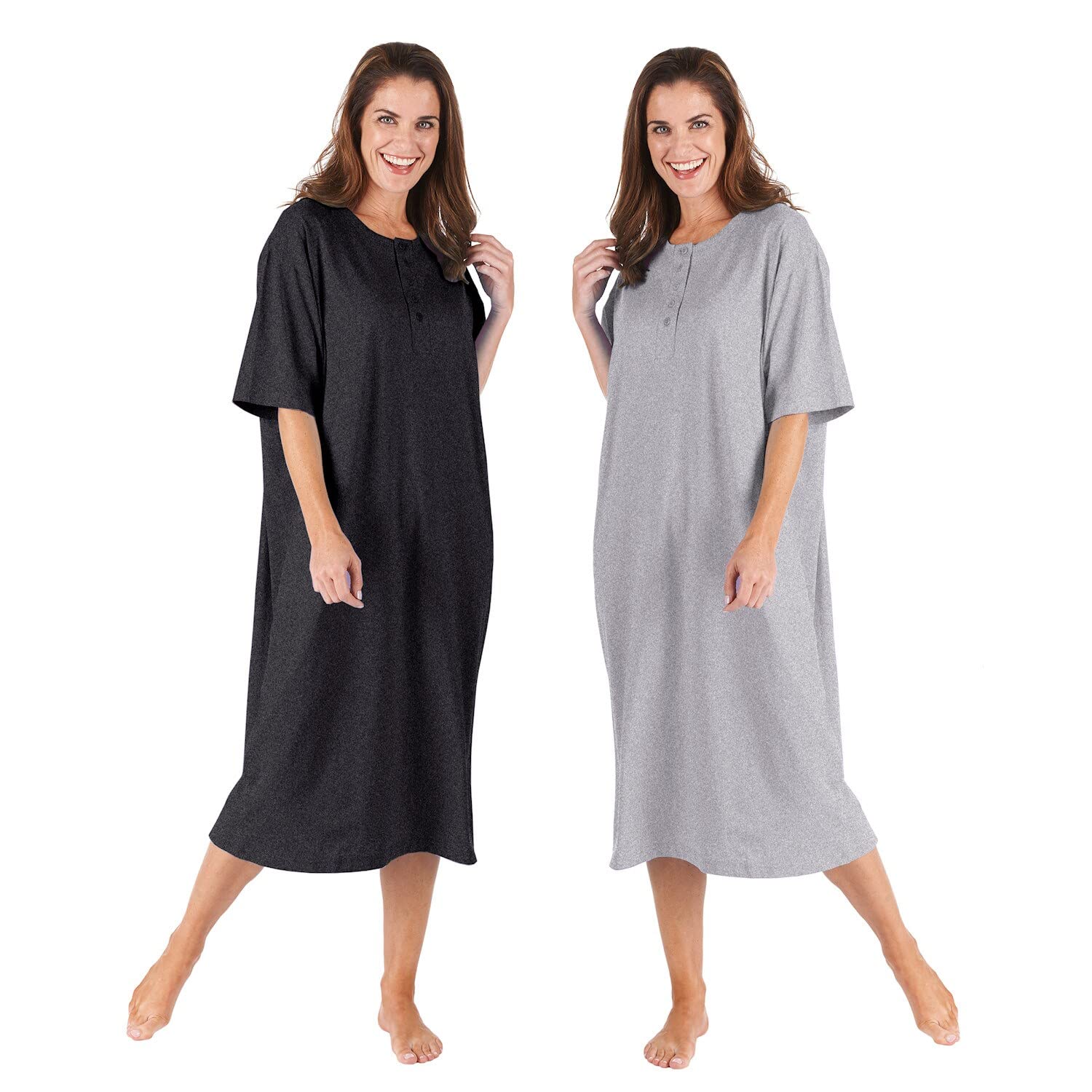 CATALOG CLASSICS Womens Nightgown Henley Night Shirt 100% Cotton Night Gown, Black/Gray, Missy (8-18), 46" L