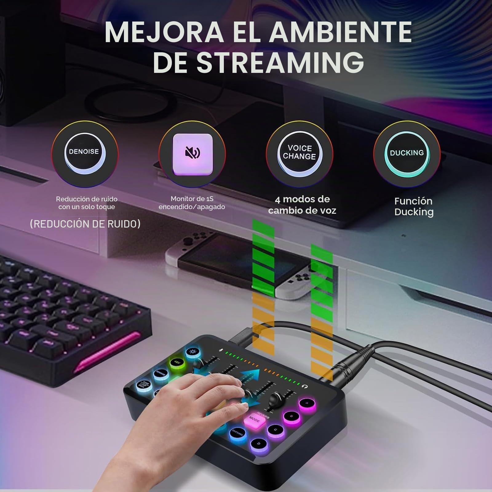 NEWFUN Mezclador de Audio,Mixer audio, Mesa de sonido, Incluye mezclador de audio y Micrófono BM800, Mezclador RGB para PC para Streaming, Control de Volumen para Podcasting, Grabación y voz